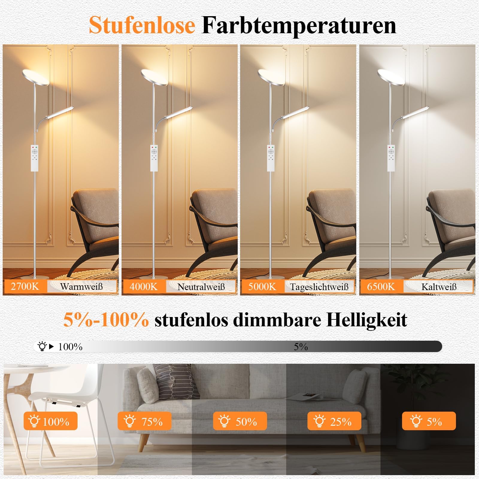 Lampa podłogowa LED z możliwością ściemniania, 42 W/4000 lm, lampa stojąca, salon z czytnikiem, lampa z 2700-6500 K. Bezstopniowa ściemnialność, pilot zdalnego sterowania i sterowanie dotykowe