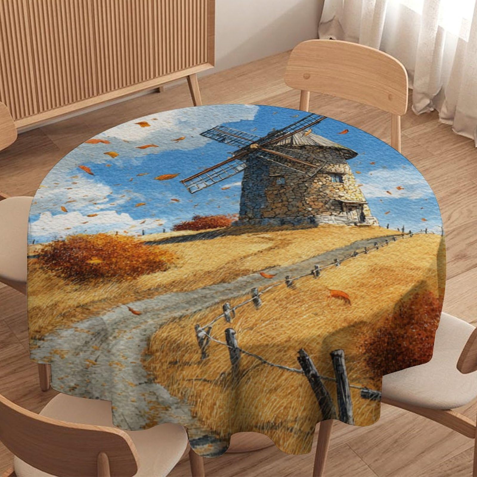 LUYYSKY Retro Watercolor Fall Windmill Waterproof Round Tablecloth Classic Western Farmhouse Barn Autumn Leaves Pattern Washable Table Cover for Kitchen-91.4" Wx91.4 L cm