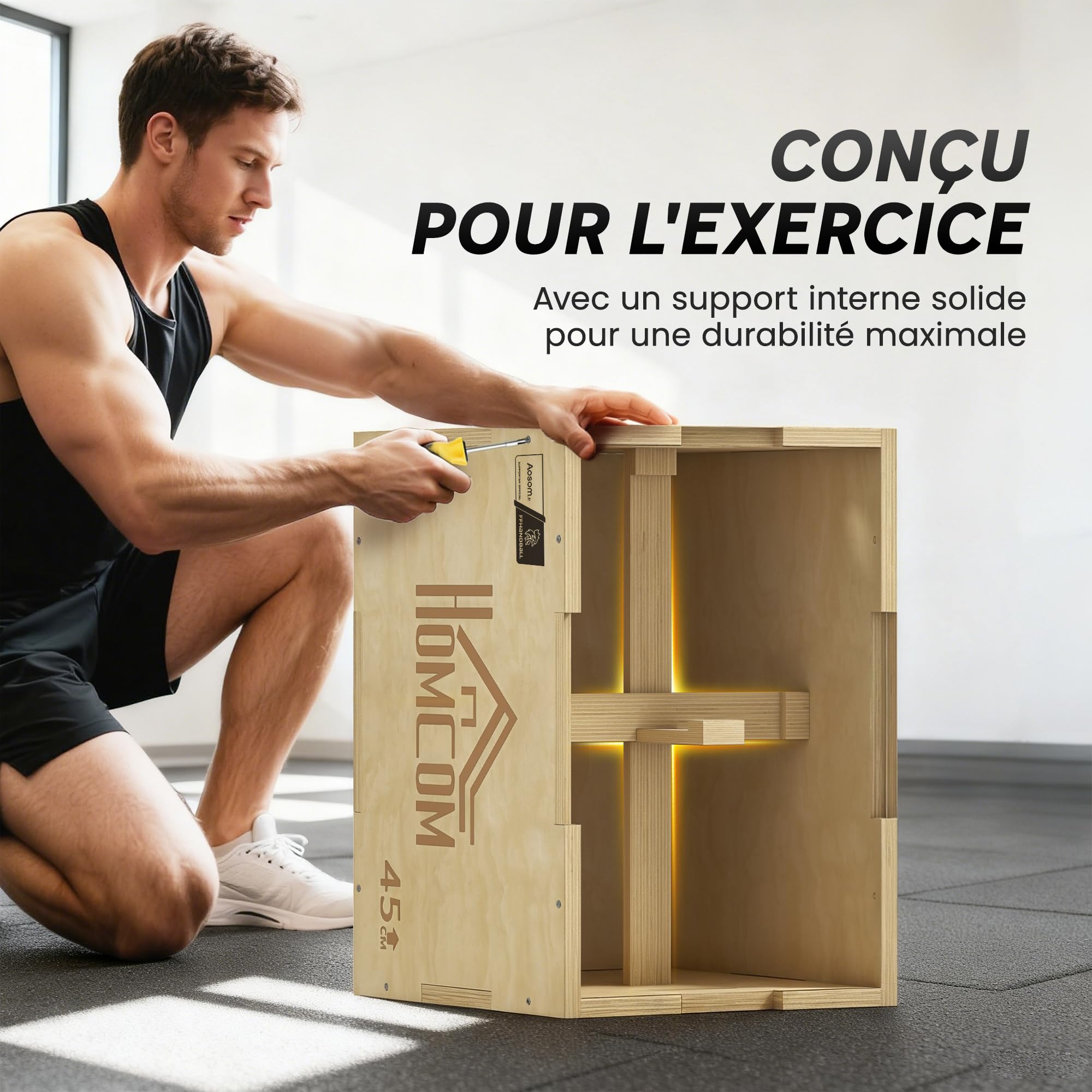 HOMCOM Box jump pliométrico 3 en 1 - Colaboración Aosom.fr x FFHandball - aparato caja de salto musculación fitness & crossfit plyobox para entrenamiento de caja