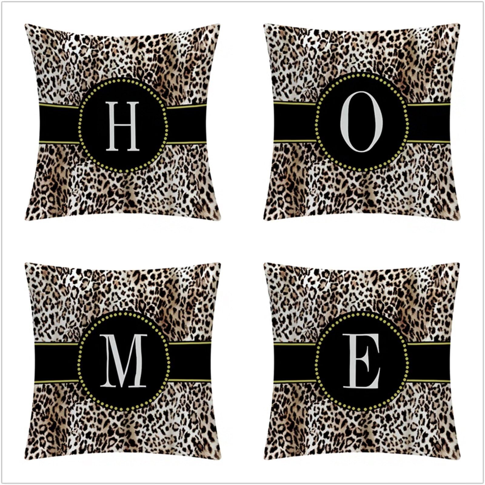 Fundas Cojines 75x75cm,Juego de 4 Fundas de Cojines Modernas Terciopelo Decorativa Hogar Almohadas Fundas para Sala Sofá Cama Decoración para Hogar Letras Negras de Leopardo