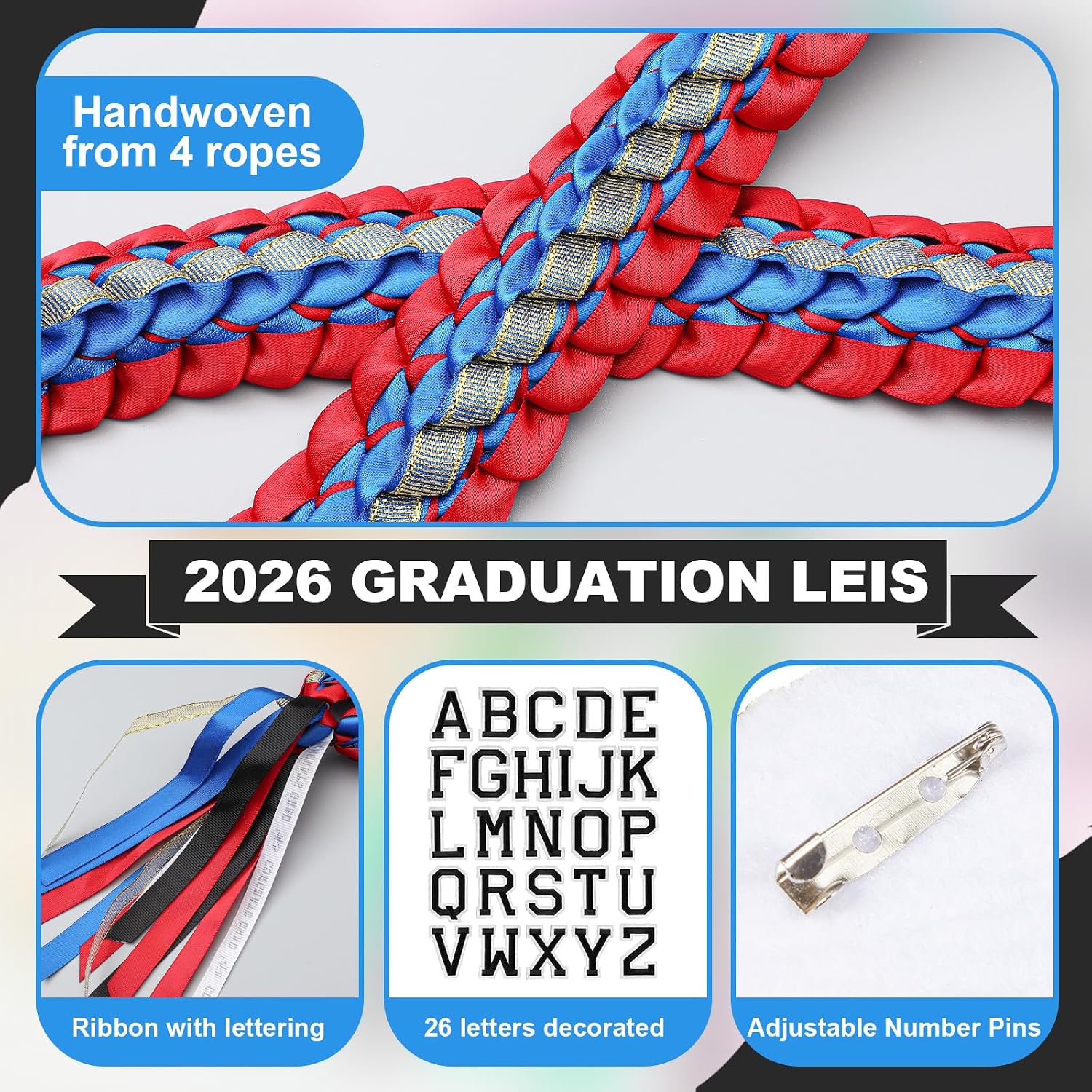 Juexica Graduation Lei Class of 2026, Graduation Ribbon Money Lei Personalized DIY Name Braided Necklace for Women Men Congrat Grad Party Gift Accessories(Red Blue,1 Set) image 3