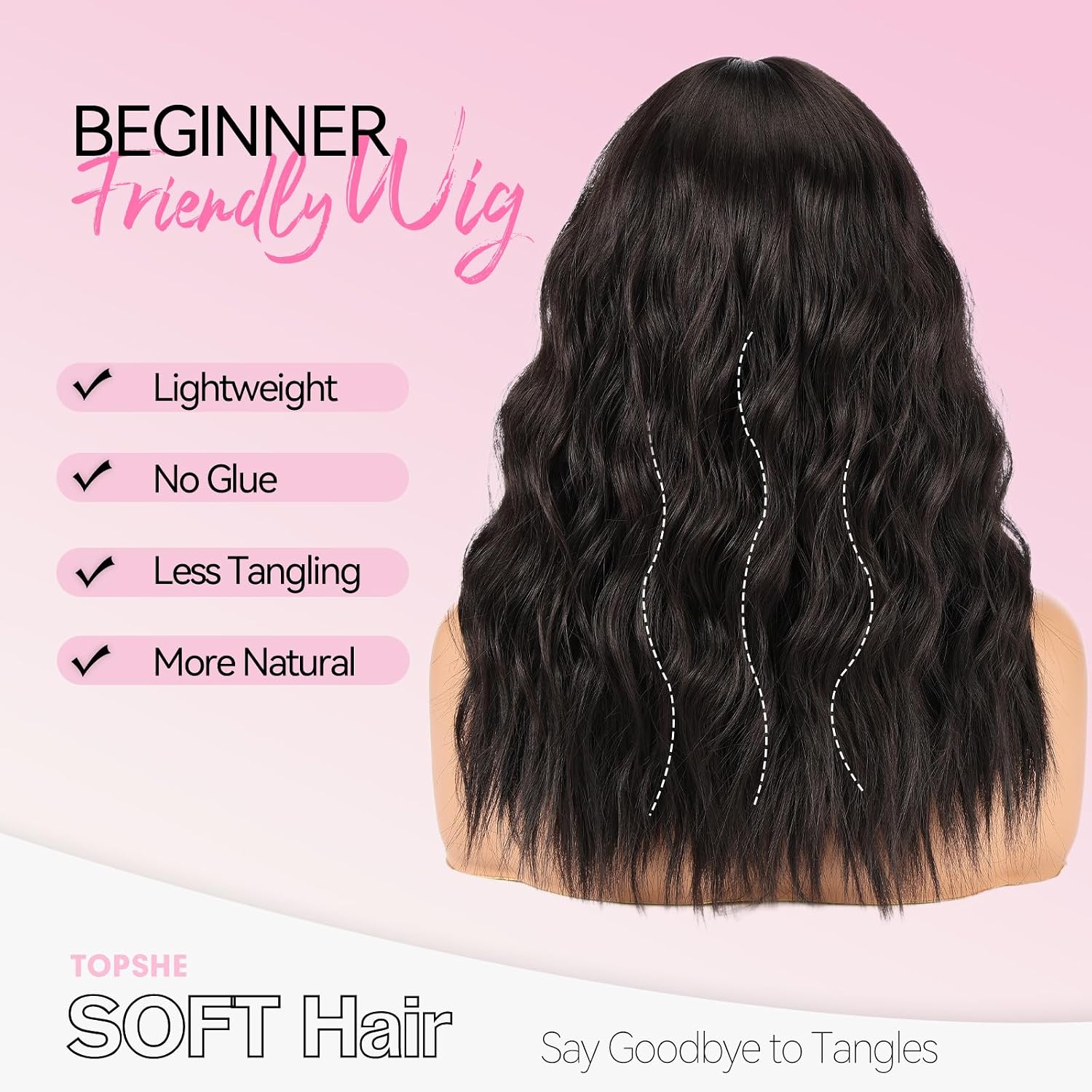 topshe Natural Black Wig with Bangs for Women 18 Inch,Wavy Curly Copper Hair Shoulder Length, Heat Friendly Synthetic for Party & Daily Wear