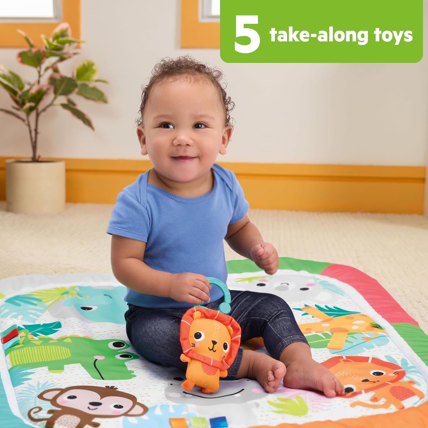 Bright Starts Wild Wiggles Jungle Jubilee Foldaway Activity Gym for Ages Newborn & Up, Unisex Safari Theme with Space Saving Design, 5 Toys Included