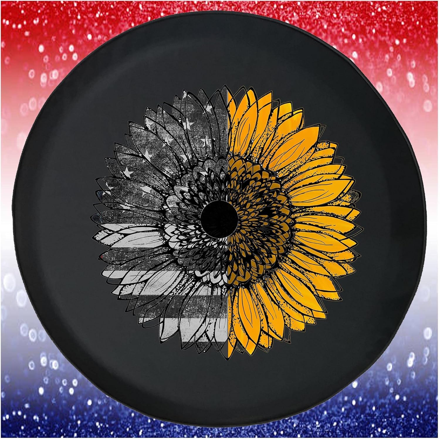 JL Spare Tire Covers Vintage American Flag Yellow Sunflower for Girls Car Accessories Black 32 to 33 Inch with Backup Camera Hole
