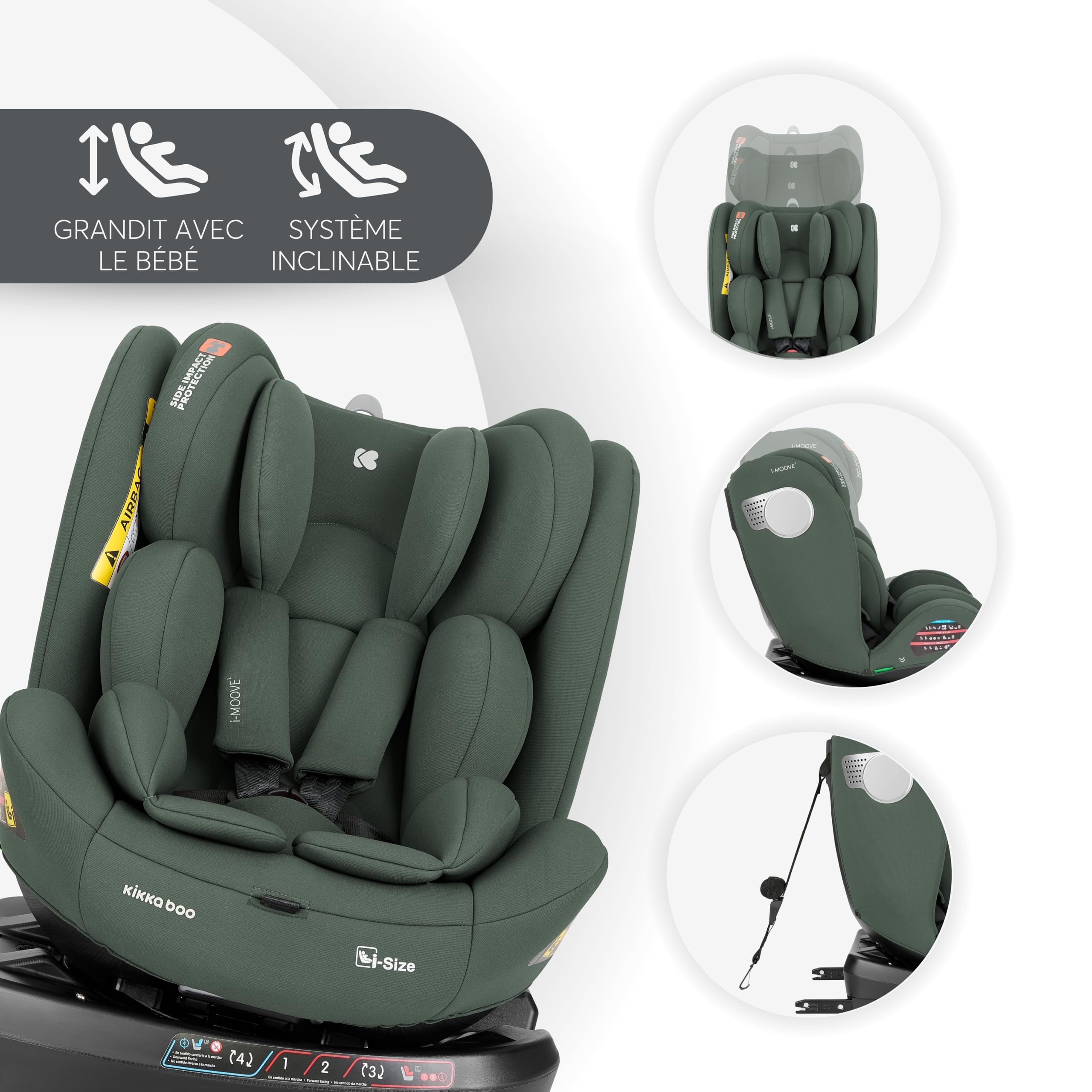 KikkaBoo Siège Auto Bébé 0 à 36 kg (40-150 cm) i-MOOVE 2, Rotation 360°, ISOFIX, i-Size, Dos & Face à la Route, Appuie-tête Réglable, Inclinable, Vert Armée