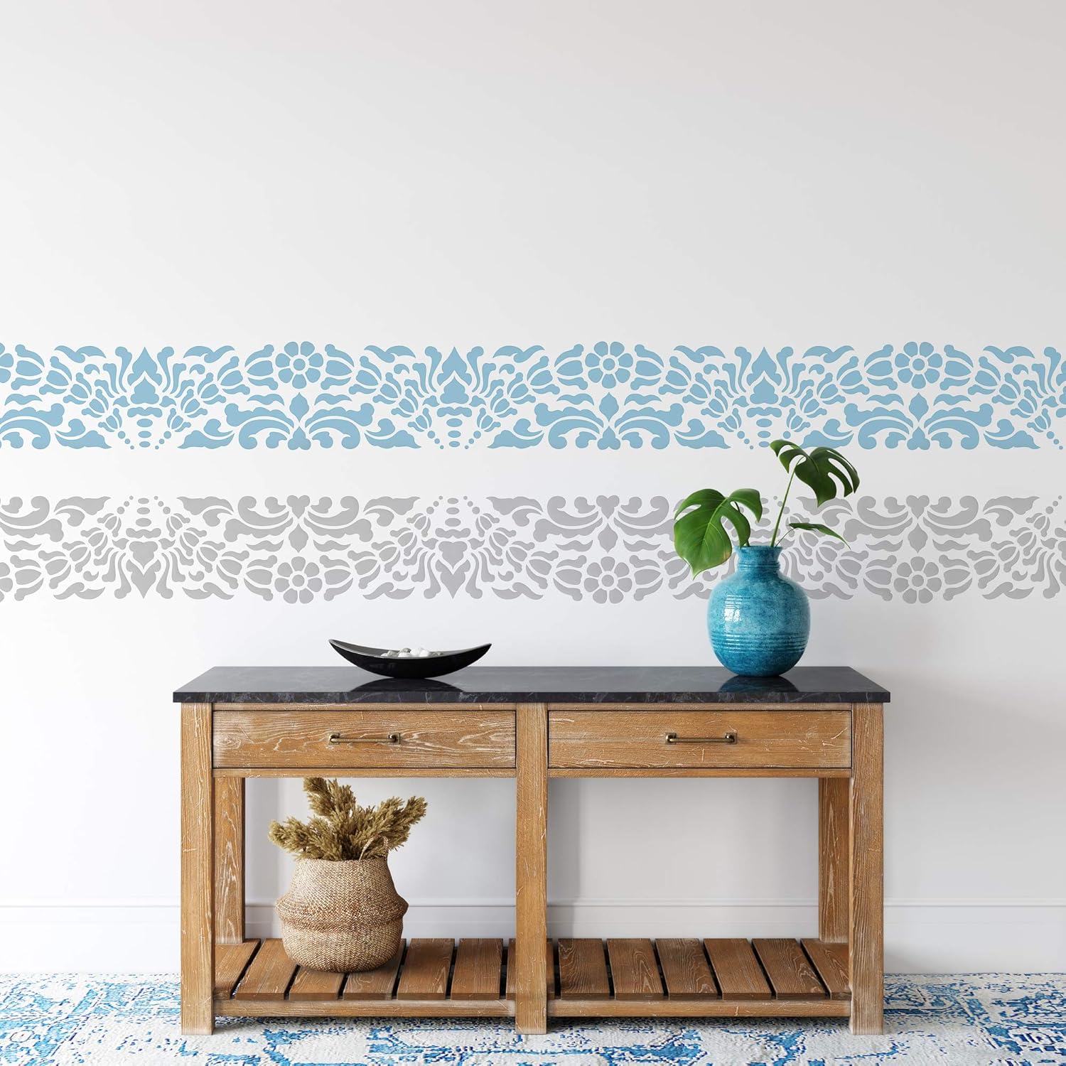 NAKLEO Border Wall Stencil 8,3”x17,7”, Roman Flower Ornament Pattern, Reusable Plastic Template, Painting Stripe DIY Art and Craft Home Decor, Fabric Furniture Wood Paper Patio