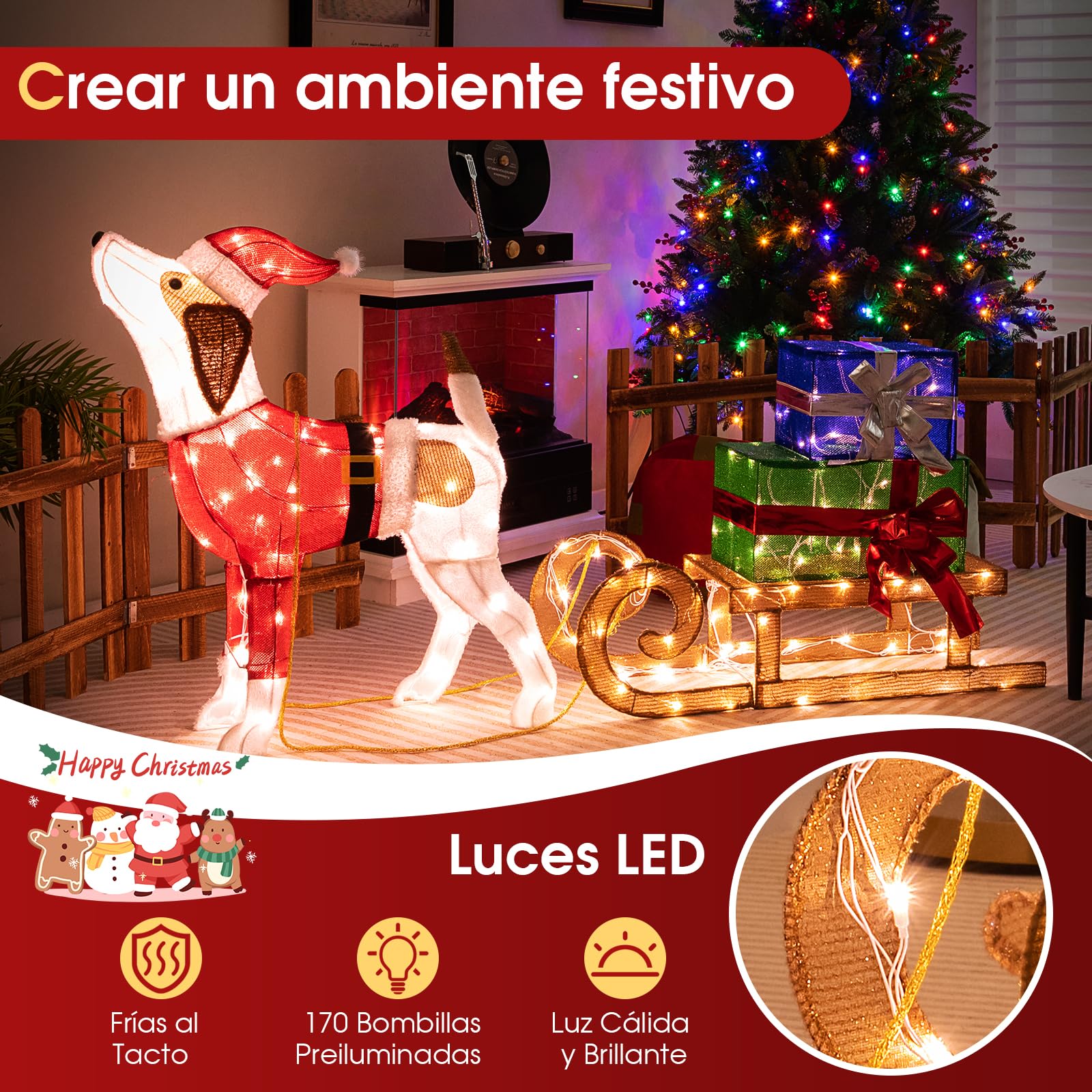 COSTWAY Decoración de Navidad de Jardín 170 Luces LED, Trineo y Combo de Perro, con Cajas, Adorno Festivos Navideño Iluminados para Interior y Exterior, Jardín, Patio