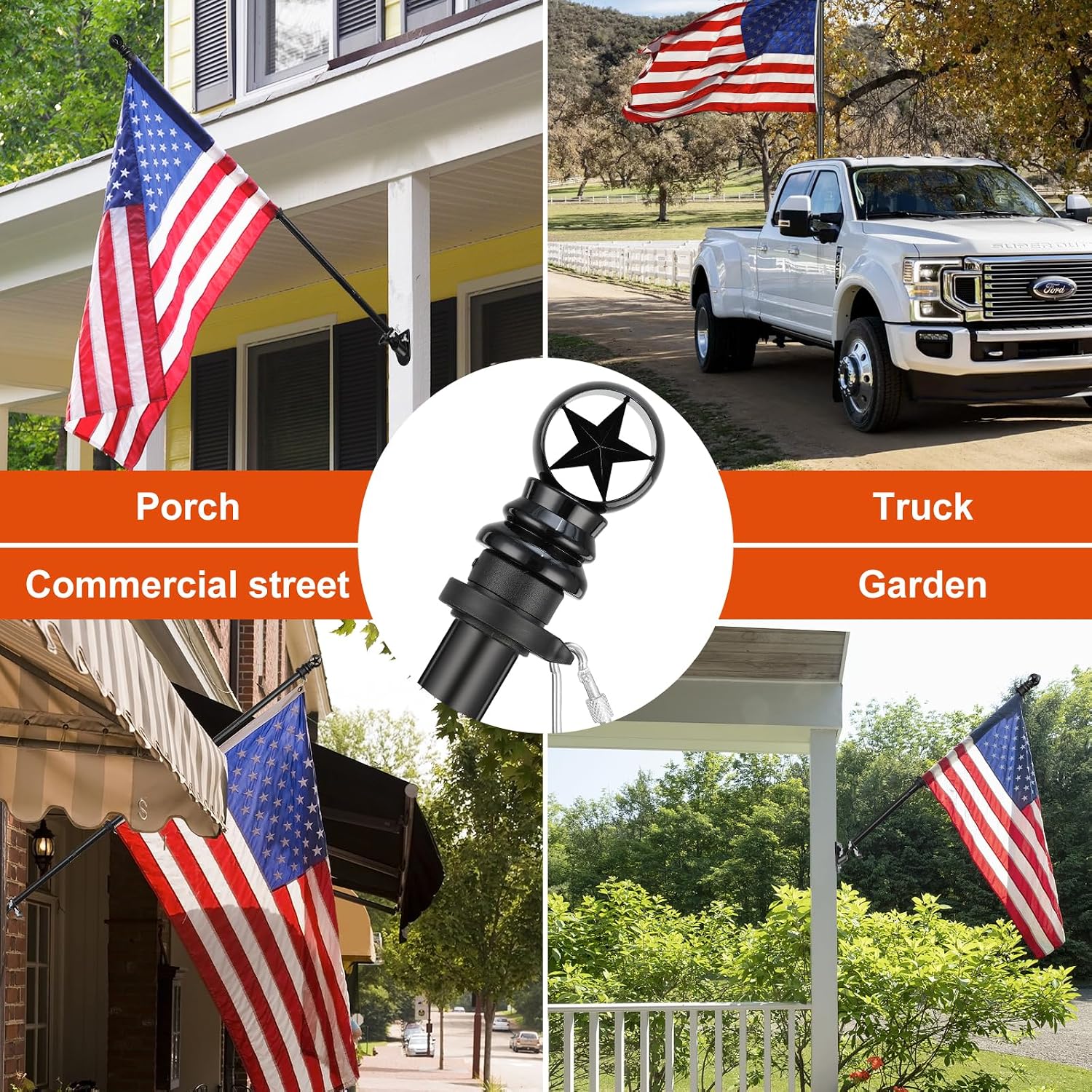 Flag Pole for Outside House, 7ft Tangle-Free Wall Mount Flagpole Kit with Ball Bearing Rings, Stainless Steel Rustproof for Outdoor, Heavy Duty Metal Bracket for Residential Porch Garage,Black