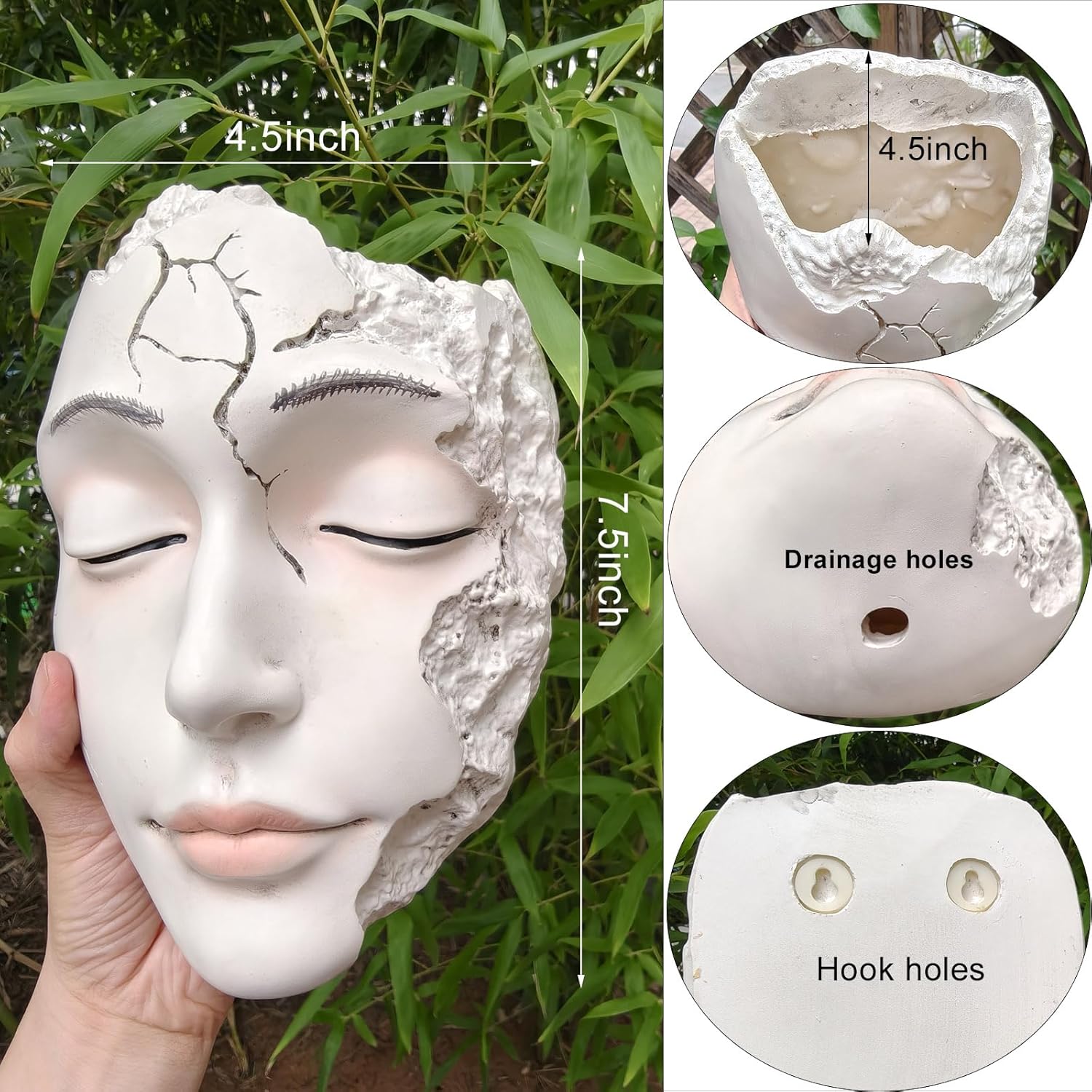 7.5" H Face Planter Wall Hanging Pot - Matte White Resin Wall Planter for Succulents, Boho Home Decor, Indoor Outdoor Artistic Garden Decor with Drainage Hole