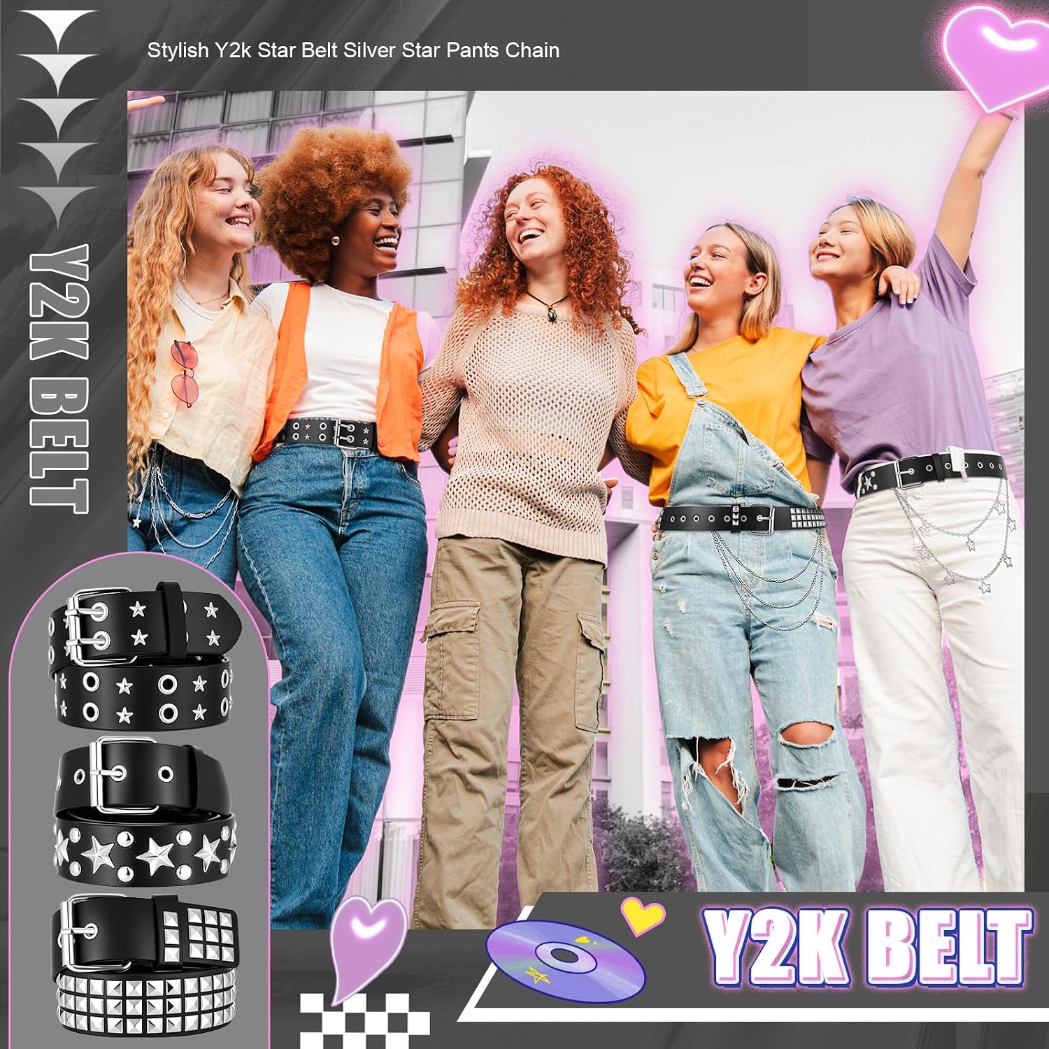 3 Pcs Black Studded Y2K Belt Punk Star Gothic Rock Belts 3 Pcs Chain Belt Jeans Pants Pocket Waist Multi-Layer Hip Hop Metal Pants Chain for Women Men