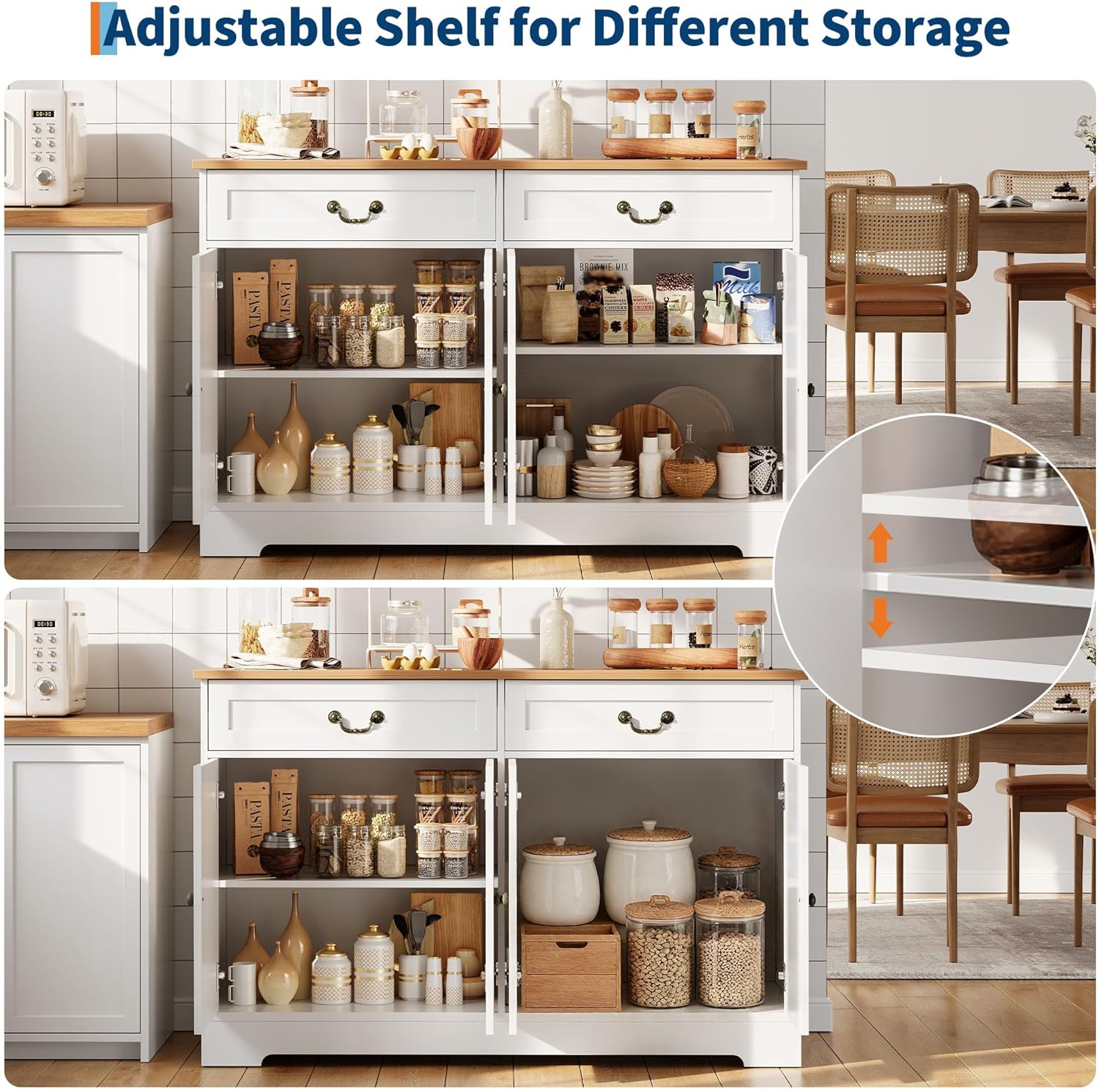 Garvee Farmhouse Coffee Bar Cabinet - Kitchen Storage Buffet Sideboard with 4 Doors, 2 Drawers & Adjustable Shelf, White Cabinet for Kitchen, Living Room, Entryway, 150 LB Capacity