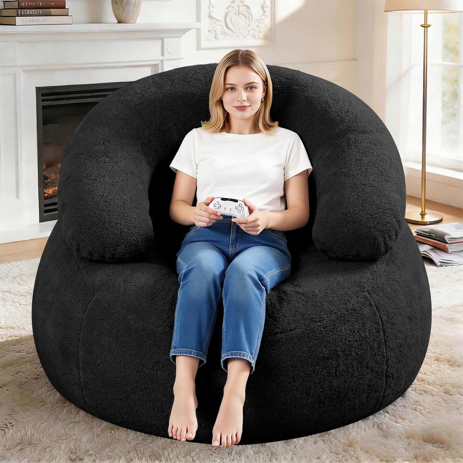 HABUTWAY Giant Bean Bag Chair, Oversized Beanbag Chair with Filler, Ultra Soft Teddy Fleece Bean Bag Lounge Floor Sofa w/U-Shaped Pillow for Gaming, Reading, Black & Black