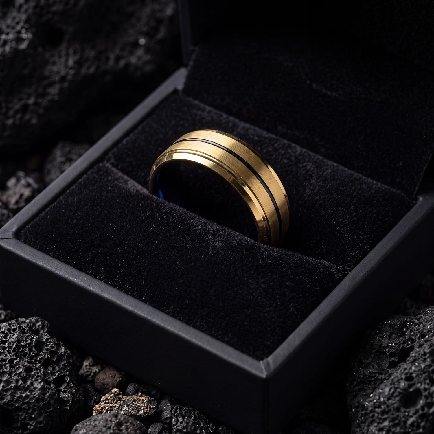 P. Manoukian Tungsten Carbide Wedding Band Ring 8mm for Men Women Blue Black 18K Yellow Gold Grey Center Line Step Bevel Edge Brushed Polished Personalized Custom Engraving Anniversary Engagement