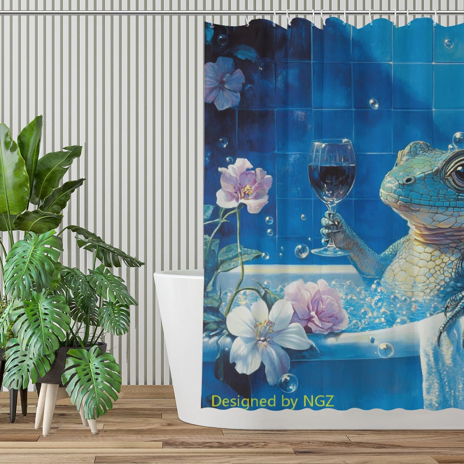 NGZ Funny Lizard Shower Curtain, SPA with Wine, Blue Shower Curtain, 72x72 Inches Shower Curtains for Bathroom, Bath Curtains Set with 12 Hooks