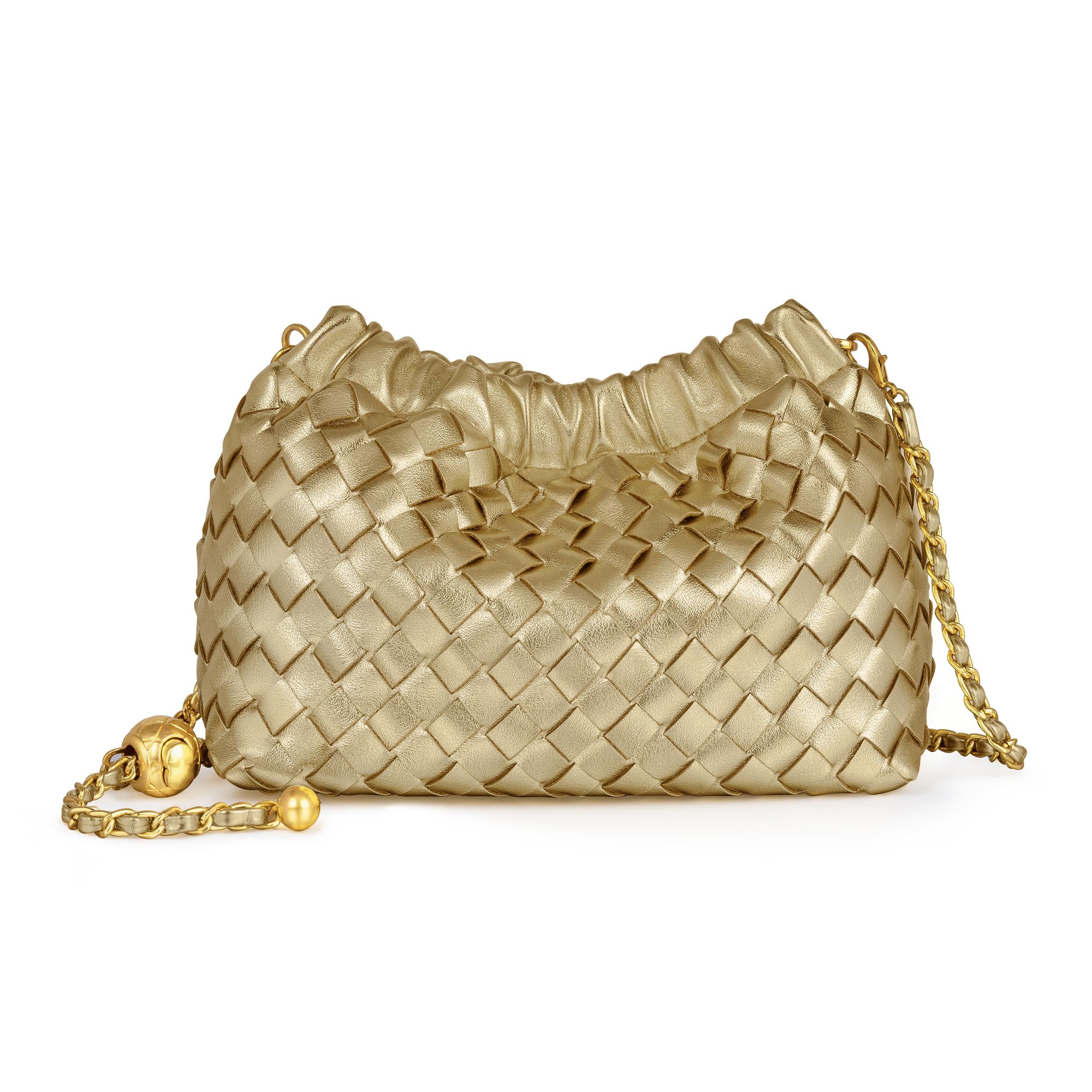 Joryin Woven Women's Crossbody Bag & Evening Purse, Trendy Dumpling Clutch & Hobo Cloud Shoulder Bag Trendy Dumpling Clutch Woven Leather-champagne Gold