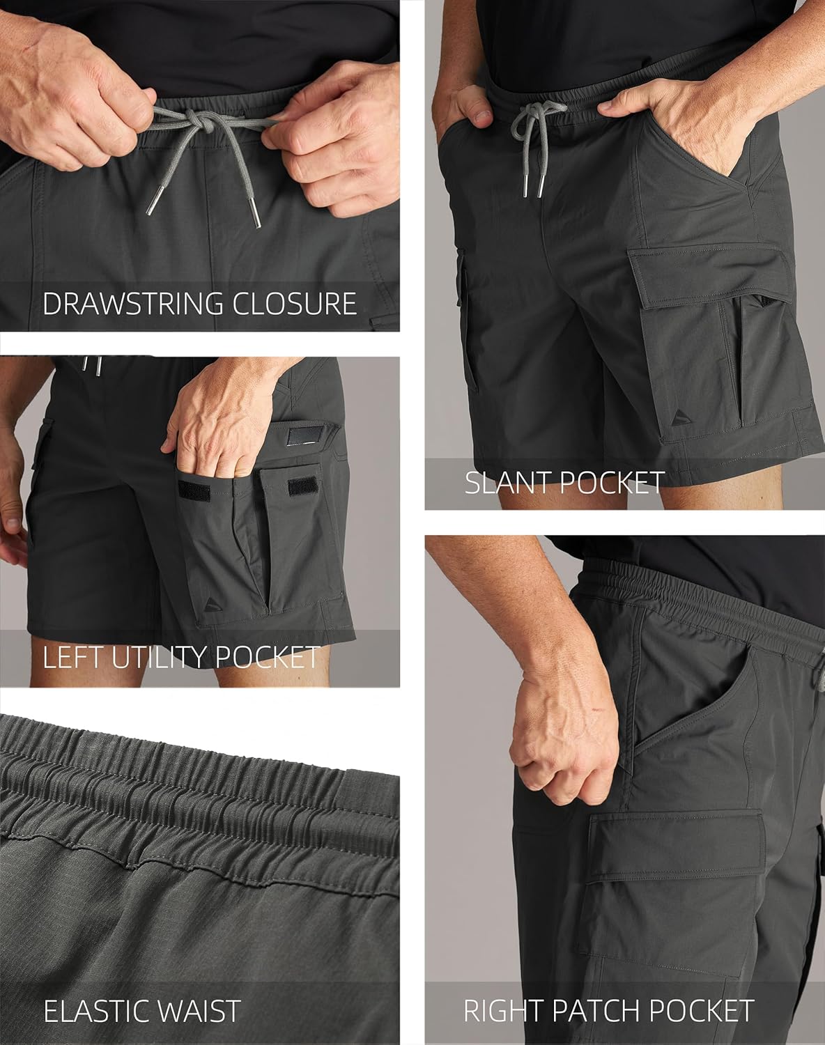 CHRONOLINE Men’s Lightweight Cargo Shorts Water-Repellent UPF 50+ Sun Protection Shorts with Drawstring Elastic Waist