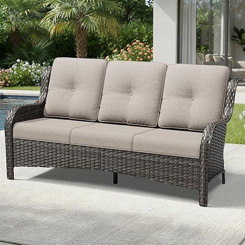 Miniatura 6 de Joyside Outdoor Patio Couch, 3 Seater Outdoor Wicker Sofa with High Back, Deep Seating, Wide Armrest, Thickened Cushions, Patio Sofa for Deck, Porch