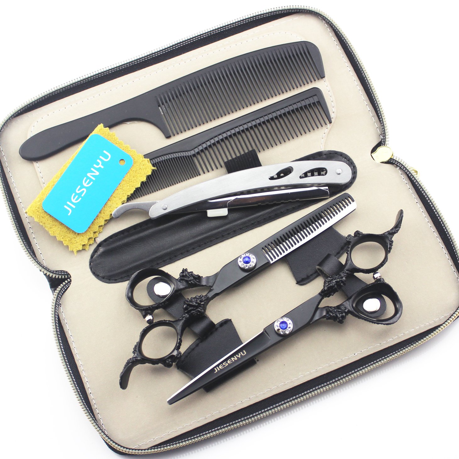 JIESENYU - Tijeras profesionales, de peluquería, tijeras para cortar el pelo, de peluquero, barbero, de 15,24 cm, de acero inoxidable, color negro