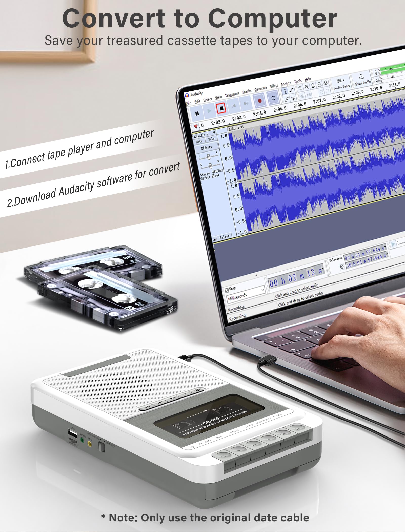 Lettore di cassette portatile, registratore convertitore, registrazione su cassette/USB/scheda SD tramite microfono, da cassette a musica MP3 tramite U Disk/scheda SD o PC (bianco)