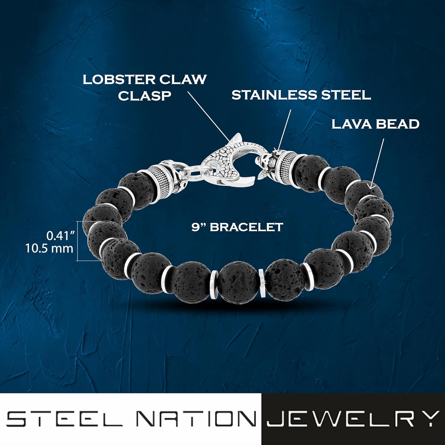 Men's Stainless Steel Black Lava Rock Bead Bracelet - Natural Elegance, 9" with Lobster Claw Clasp - Image 3