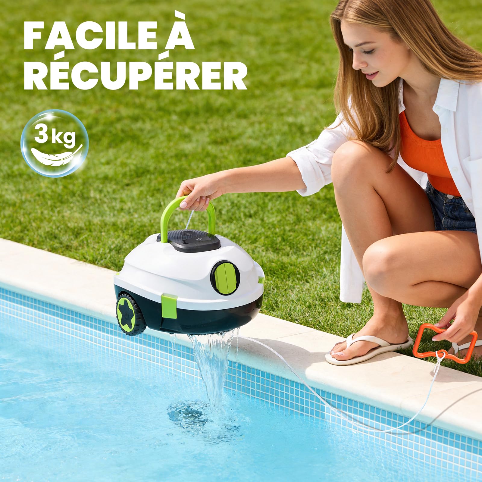 Robot Nettoyeur de Piscine sans Fil | Aspirateur de Piscine Automatique, 120 Min d'autonomie, Auto-Stationnement & Ultra Léger | Robot pour Piscine Hors-Sol ou Enterrée à Fond Plat jusqu'à 110 m²(BL)