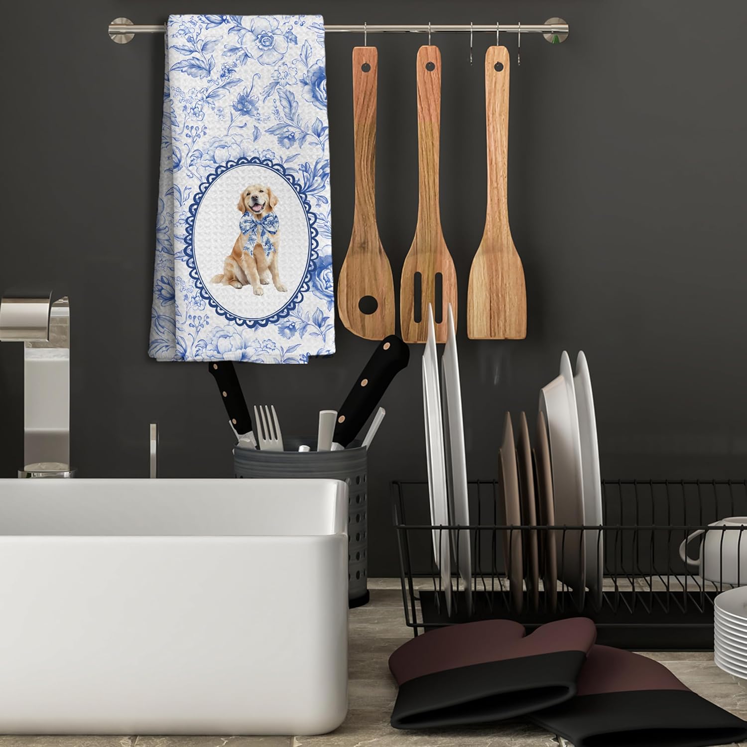 Chinoiserie Grandmillennial Botanical Golden Retriever Dog Bathroom Gifts Kitchen Decor Towels, Blue and White Floral Golden Retriever Decorative Dish Towels, 16x24 Inch - Image 5