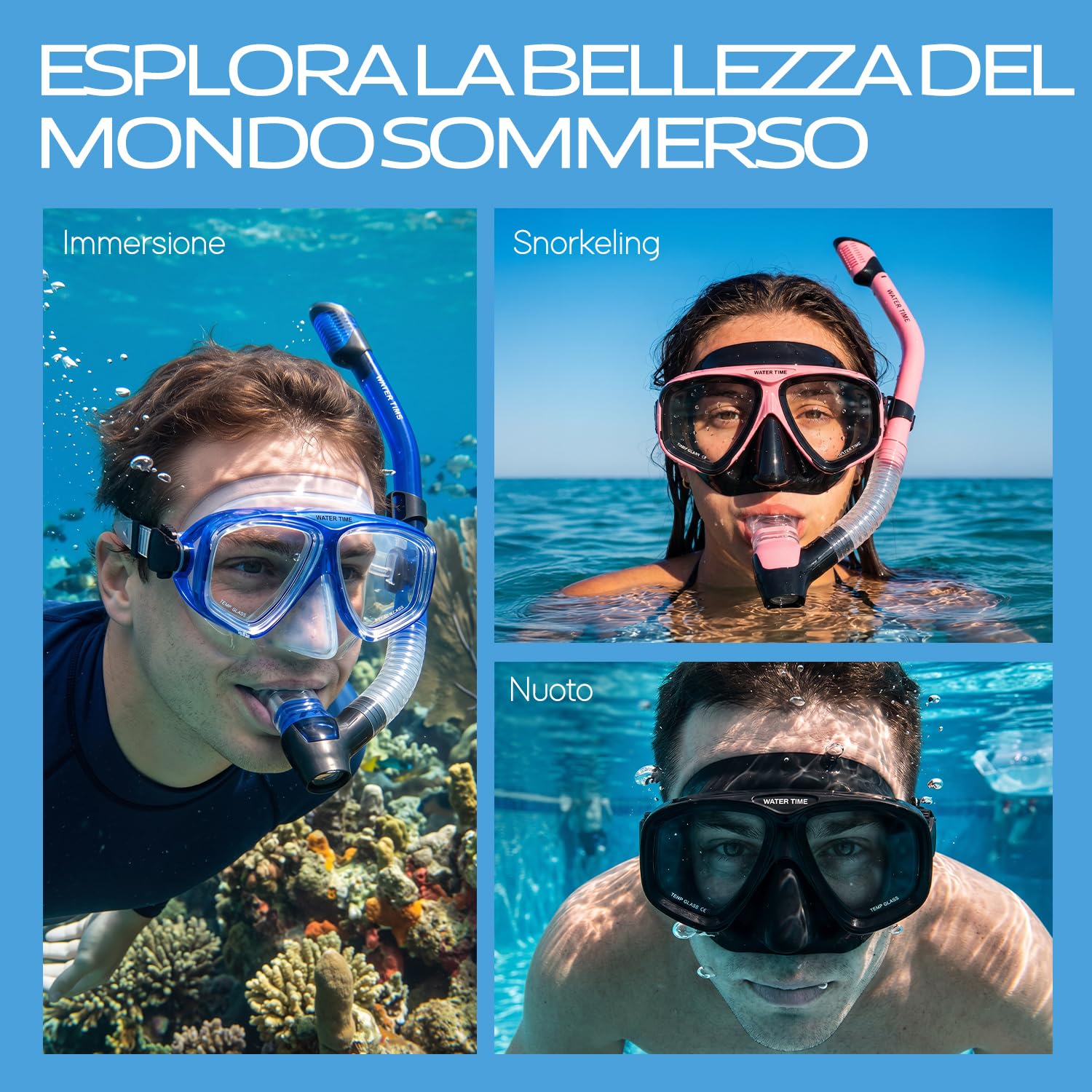Set Snorkel Adultos – Máscara Cristal Templado, Tubo Seco con Válvula de Purga, Antivaho, Sellado Antifugas 12+