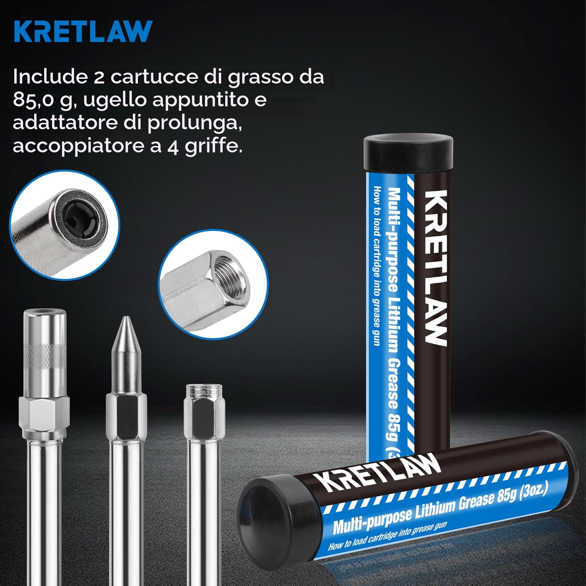 KRETLAW Mini Pistola per Grasso (3000PSI) con Doppia Cartuccia da 85g e Tubo Flessibile, Accoppiatore Rinforzato per Automobili e Nautica