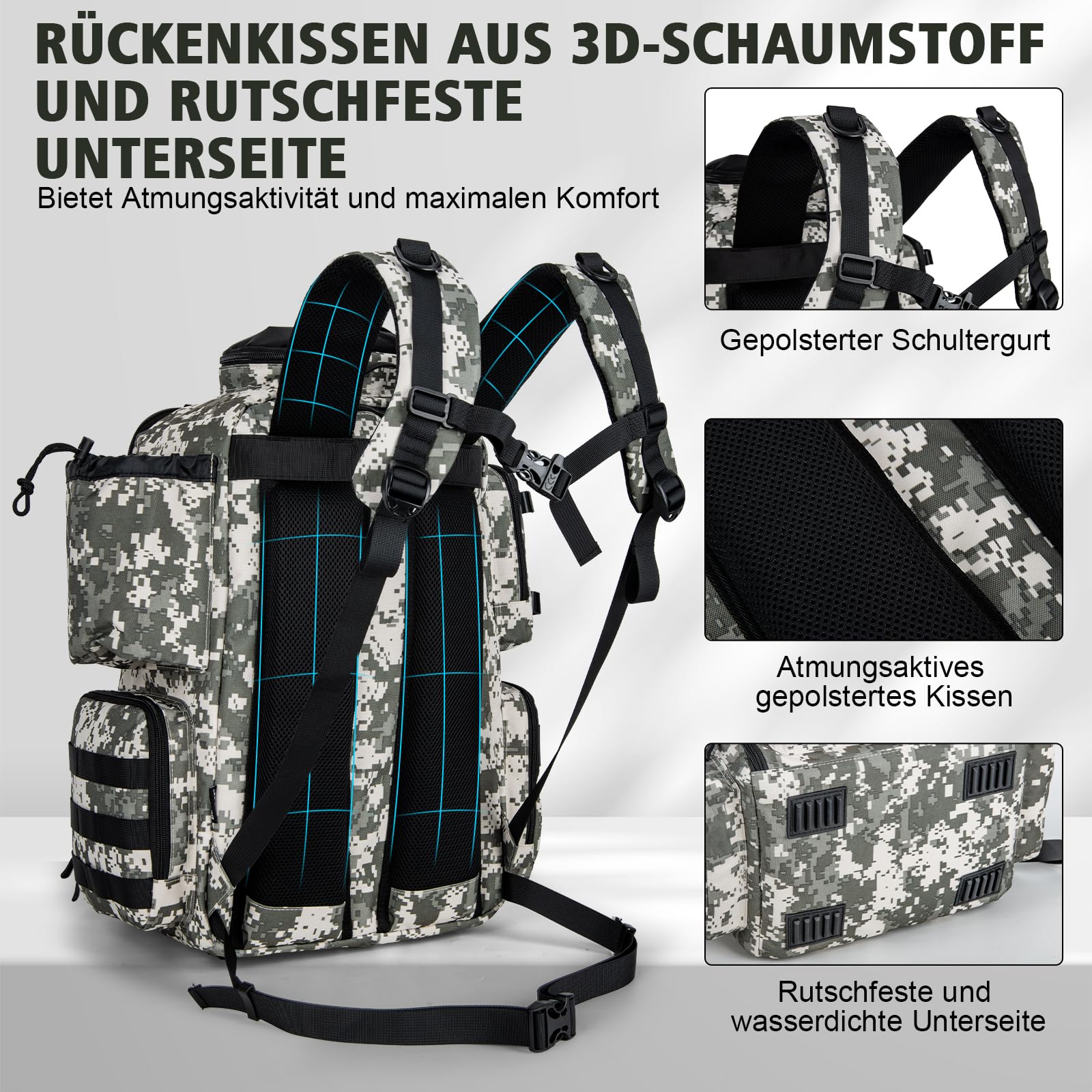 Goture Mochila de pesca de 45 litros con dos soportes para cañas y protector de lluvia, tela Oxford 600D, bolsa impermeable para aparejos de pesca con compartimento ajustable, Estilo A: Motif