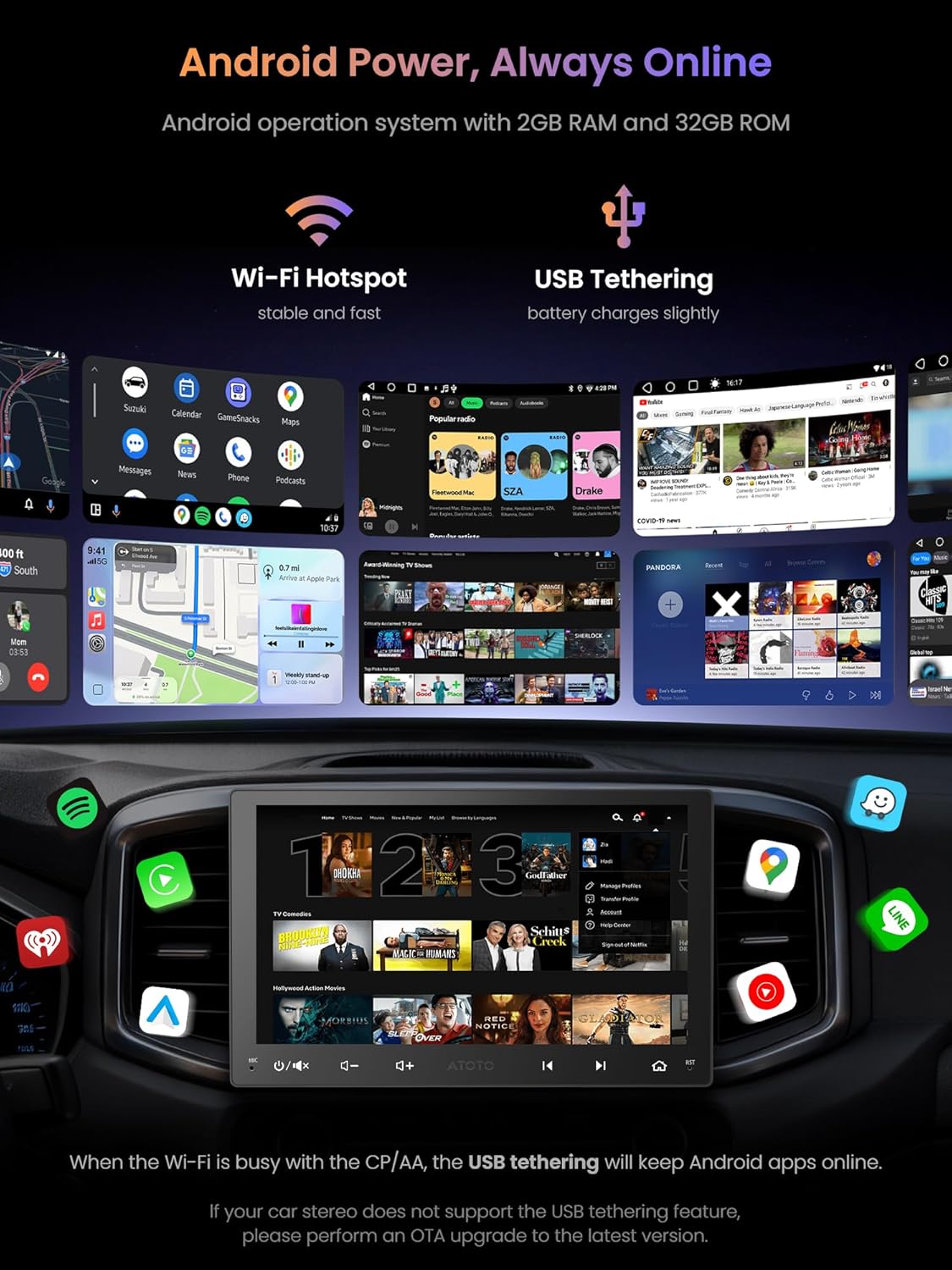 9 Inch Android Double Din Car Stereo Wireless CarPlay&Android Auto, AI-Powered Car Radio with GPS Tracking, Wi-Fi/Bluetooth/USB, 24B EQ&DSP, Mirror Link, AM/FM, A5LG209T