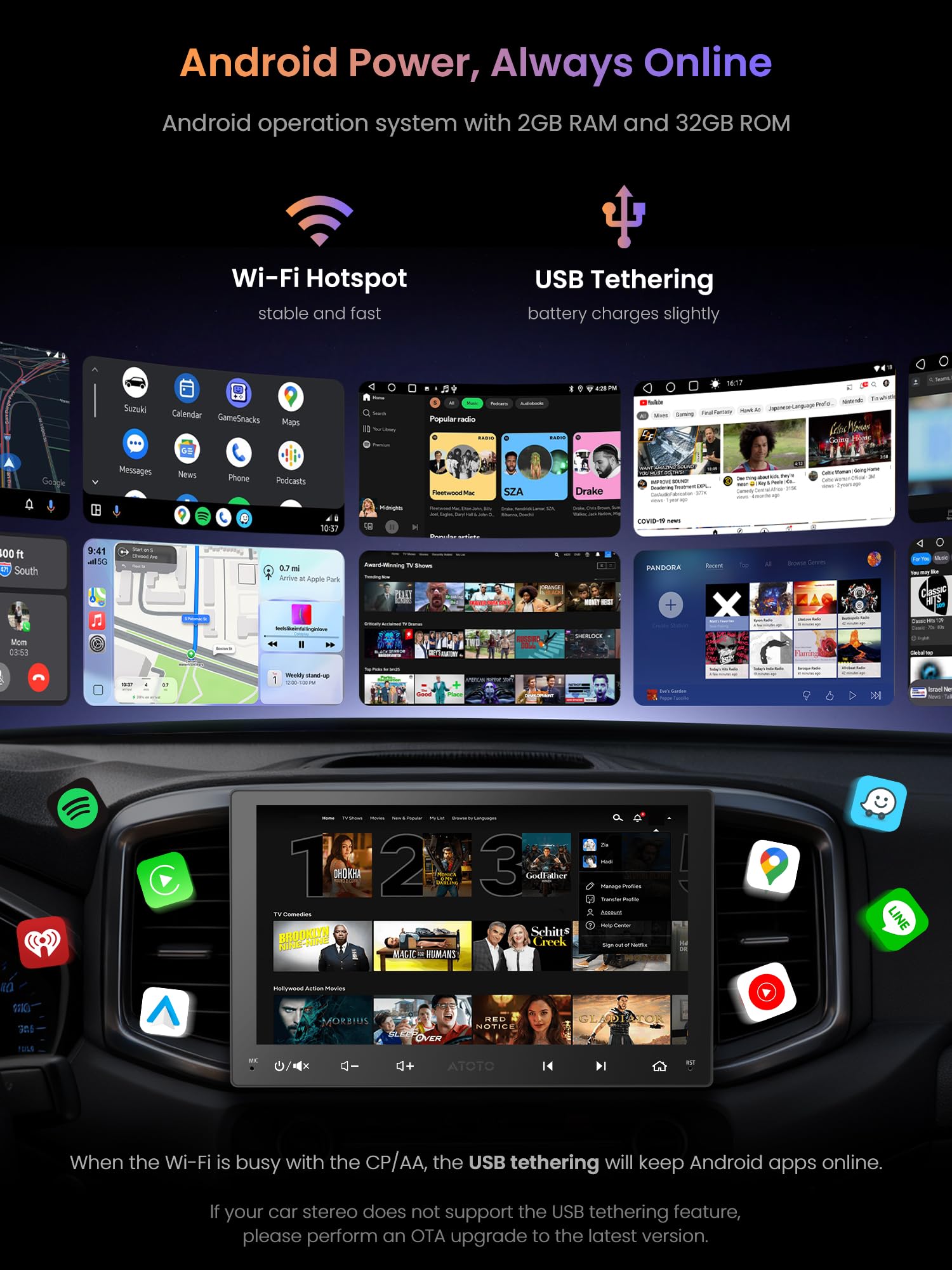 ATOTOZONE 9 pollici Android Autoradio 2 Din Android Auto CarPlay Wireless, Wi-Fi, Connessione Bluetooth IoT, Localizzazione GPS, Assistente AI  Geolocalizzato, BGSleep, EQ/DSP/RDS, Aggiornamento OTA