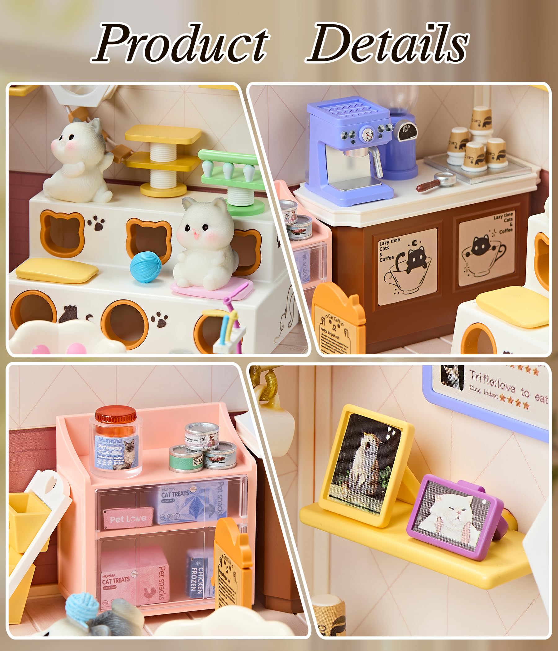 Lindo kit de casa en miniatura para gatos con techo y luz LED, kit de casa de muñecas apilable y conectable con puerta a prueba de polvo, regalo creativo para adultos y adolescentes