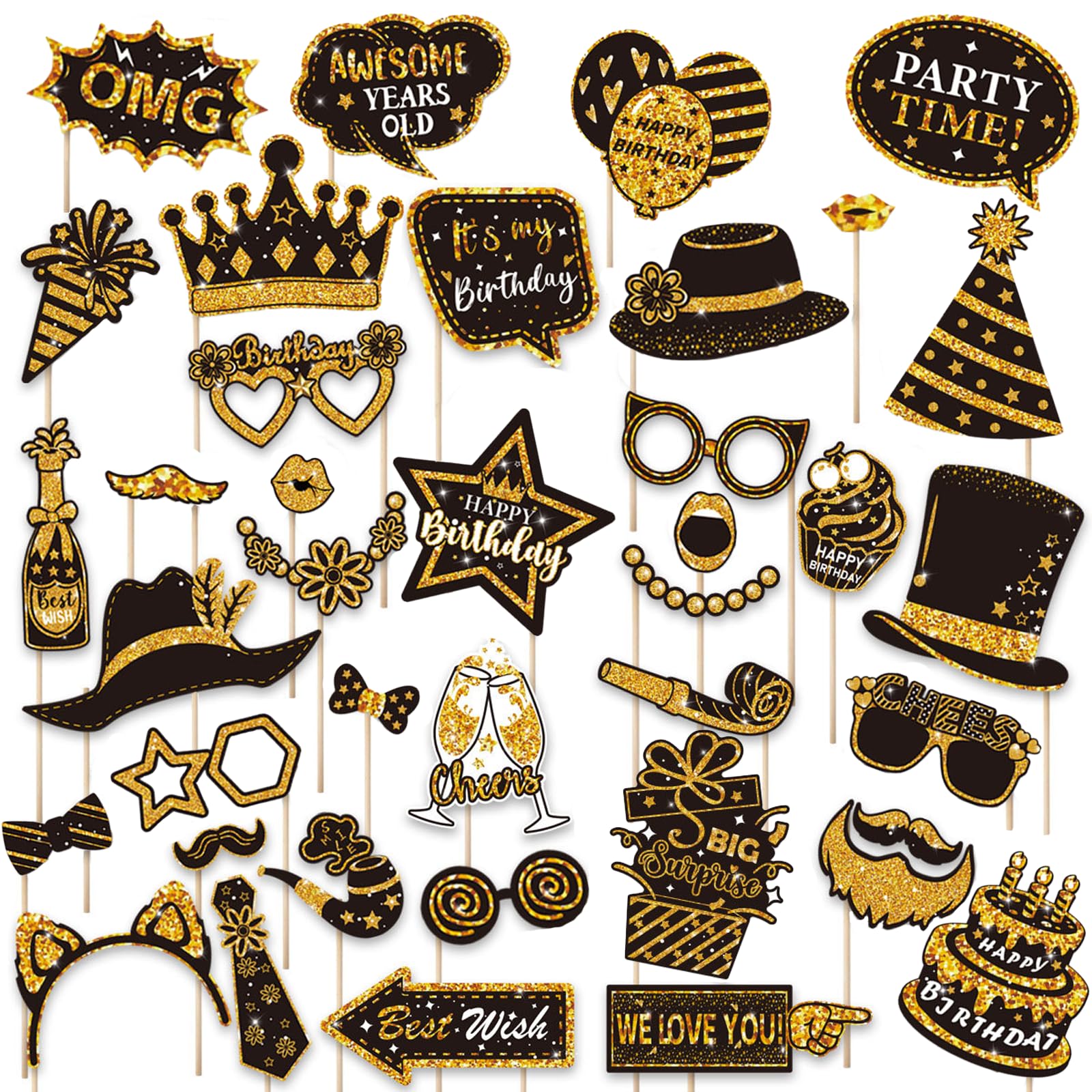 38Pcs Photo Booth Props,Party Props, Black And Gold Party Decorations, with Large Lips,Bows for Girl Boy Christmas Birthday Wedding Parties Decorations Accessories（Black and Gold）