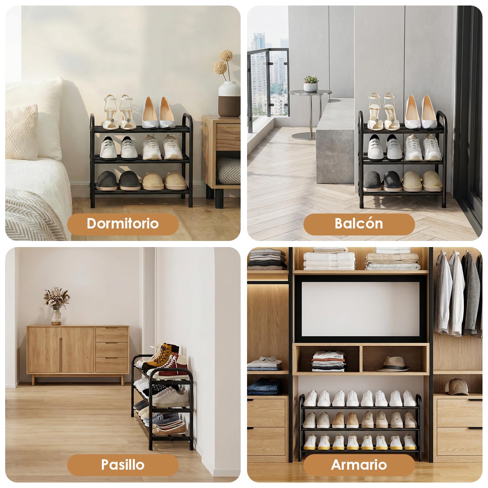 Zapatero Extensible 3 Niveles, Zapatero Pequeño Ajustable 45-80 cm, Zapateros Metalico, Fácil Montaje, para Pasillo, Dormitorio, Salón, Negro