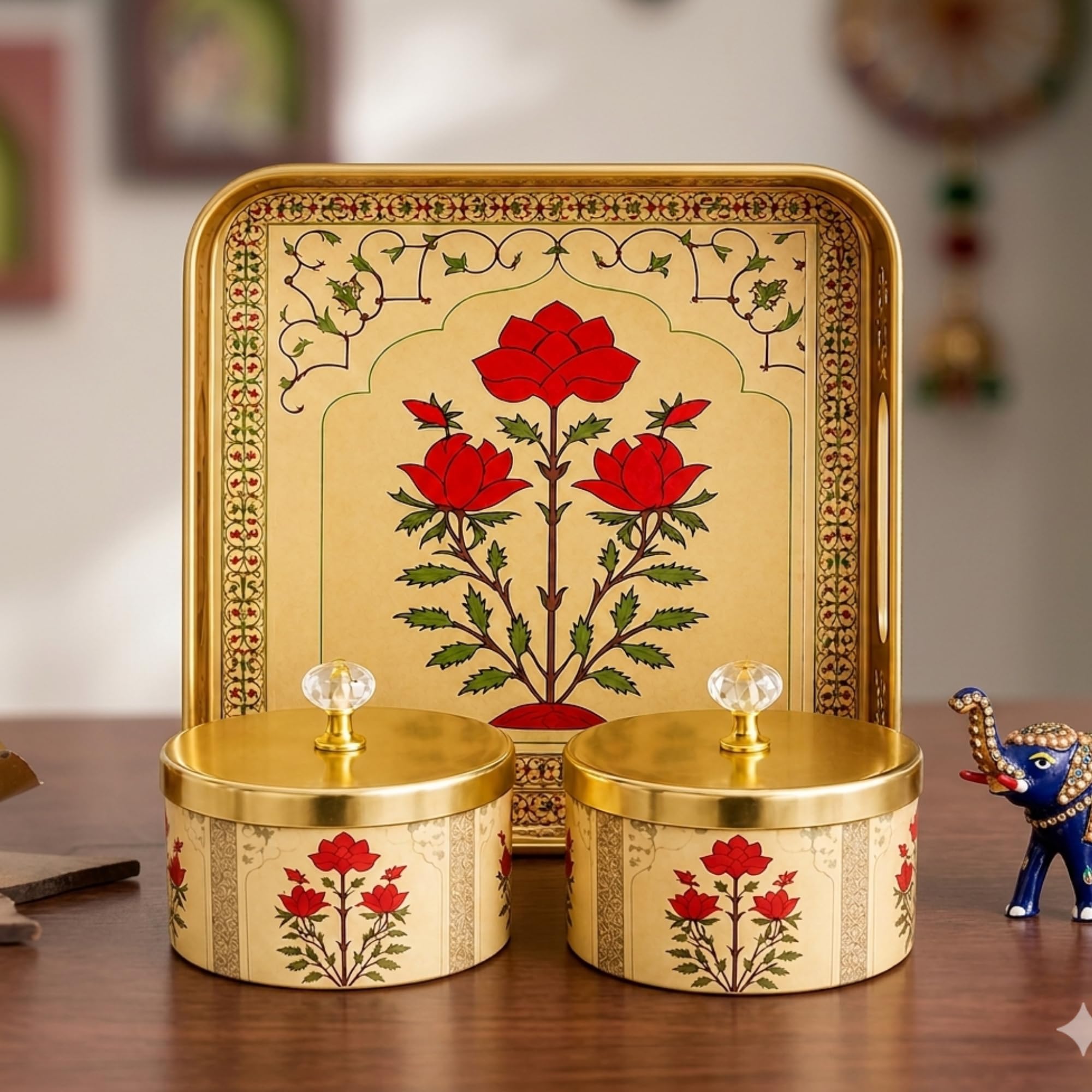 STARLIGHT Decorative Metal Tray with 2 Jar Set - Elegant Red Floral Print Serving Platter and Gold Crystal Lid Storage Containers for Home Decor & Gifting-image-44