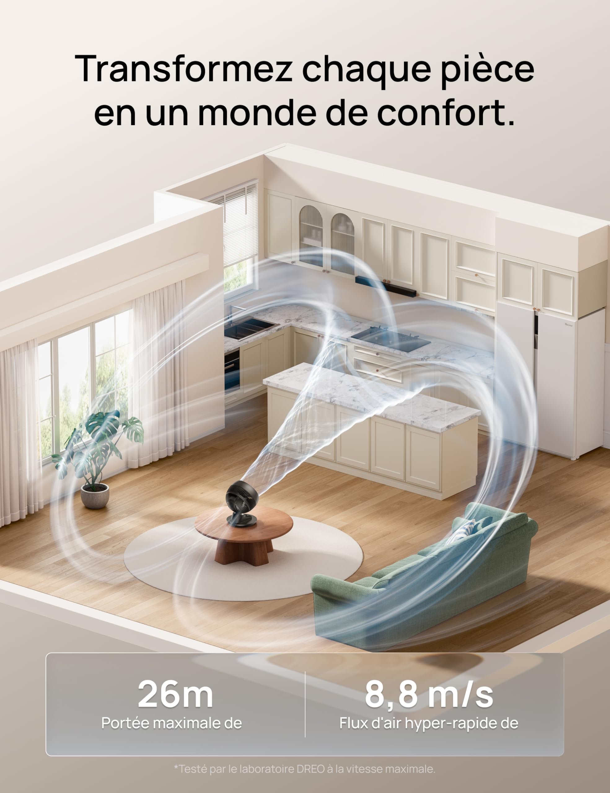 DREO ventilateur de table intelligent 3D pour chambre, flux d’air puissant 8,8 m/s, ultra silencieux 22 dB, oscillation 90°, contrôle app et vocal, 9 vitesses, minuterie 8/12 h pour maison et bureau.