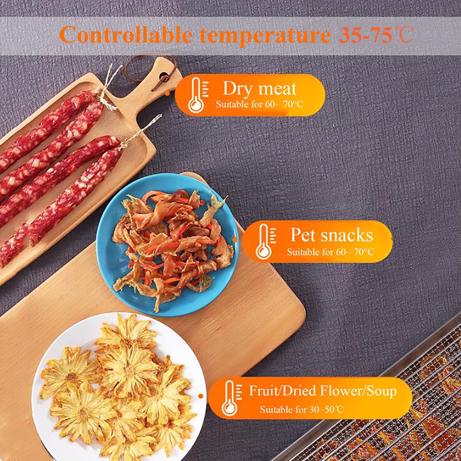 Deshidratador de Alimentos de 8 bandejas Negro, Temporizador de 24 Horas, Ajuste de 35-75 ℃, máquina Seca con Pantalla Digital, para secar Frutas, Carne, Verduras, 220v