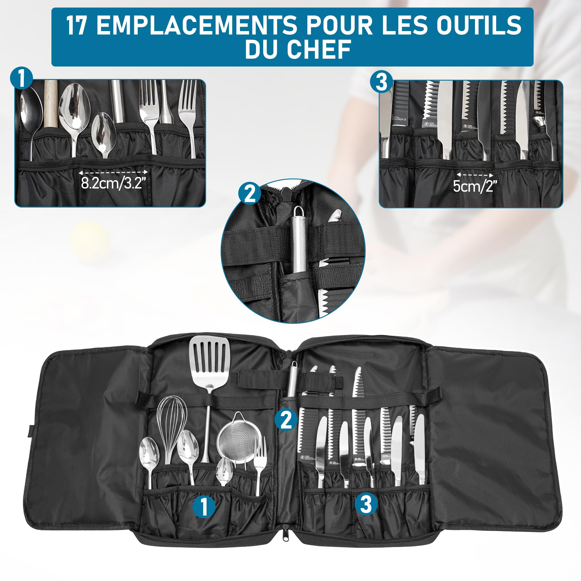 OUUTMEE Sac à Couteaux de Chef Professionnel avec 17 Emplacements, Étui de Transport de Couteaux Robuste, Sac de Rangement pour Couteaux de Chef pour Couteaux et Ustensiles de Cuisine, Noir (Petit)