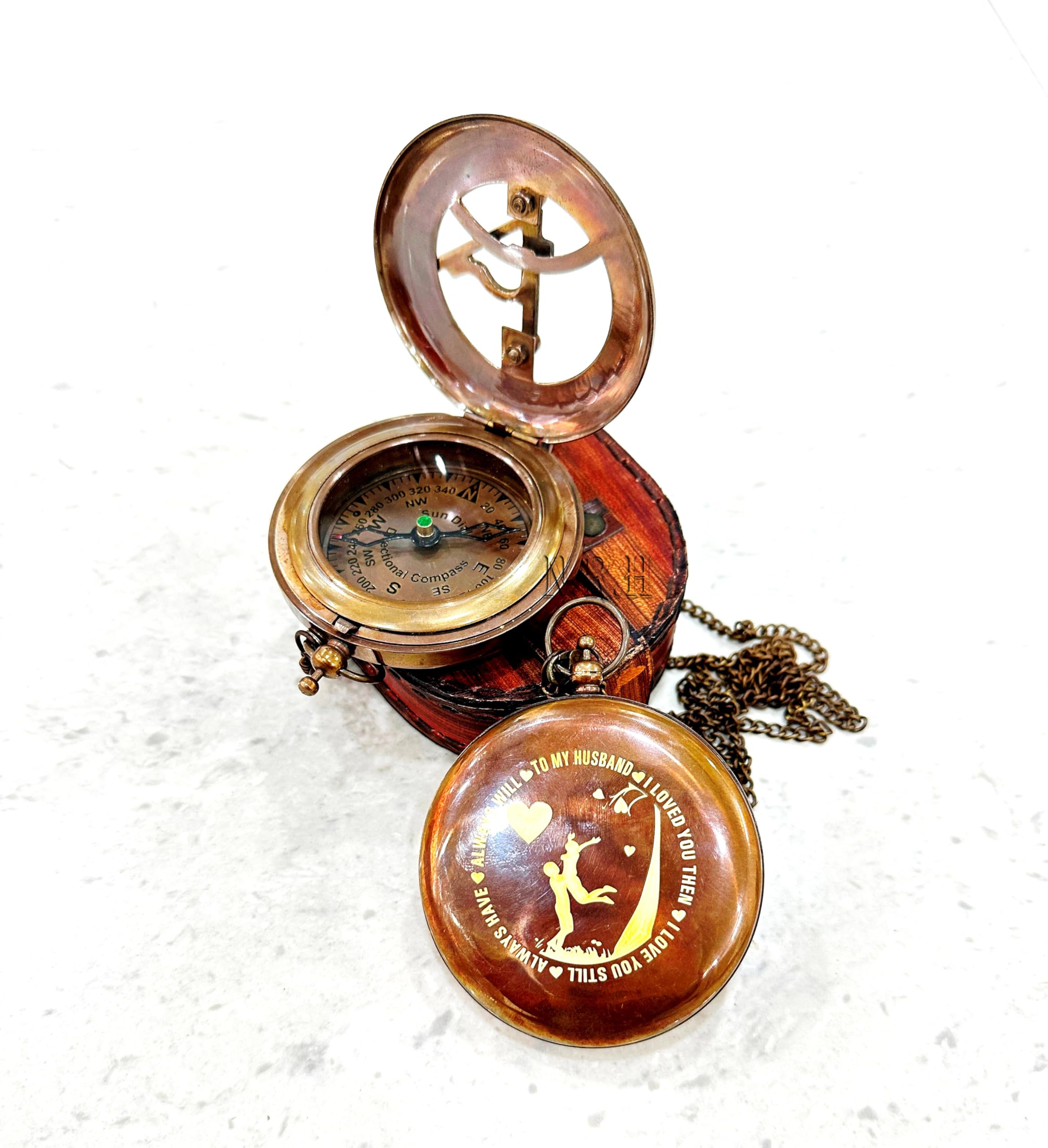 Bussola Sundail incisa da 7,6 cm con scatola in pelle, regalo per tuo marito, anniversario, matrimonio, regalo per fidanzato militare