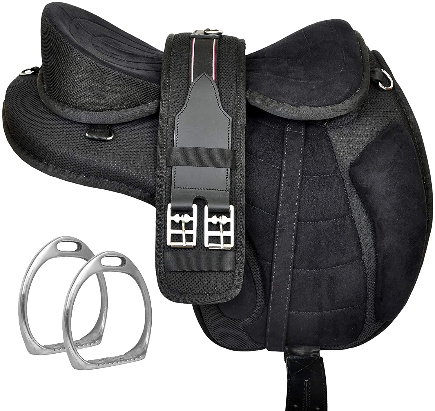 Sillín de caballo inglés sintético Freemax sin árbol con circunferencia a juego y estribos de aluminio (negro, asiento de 18 pulgadas)