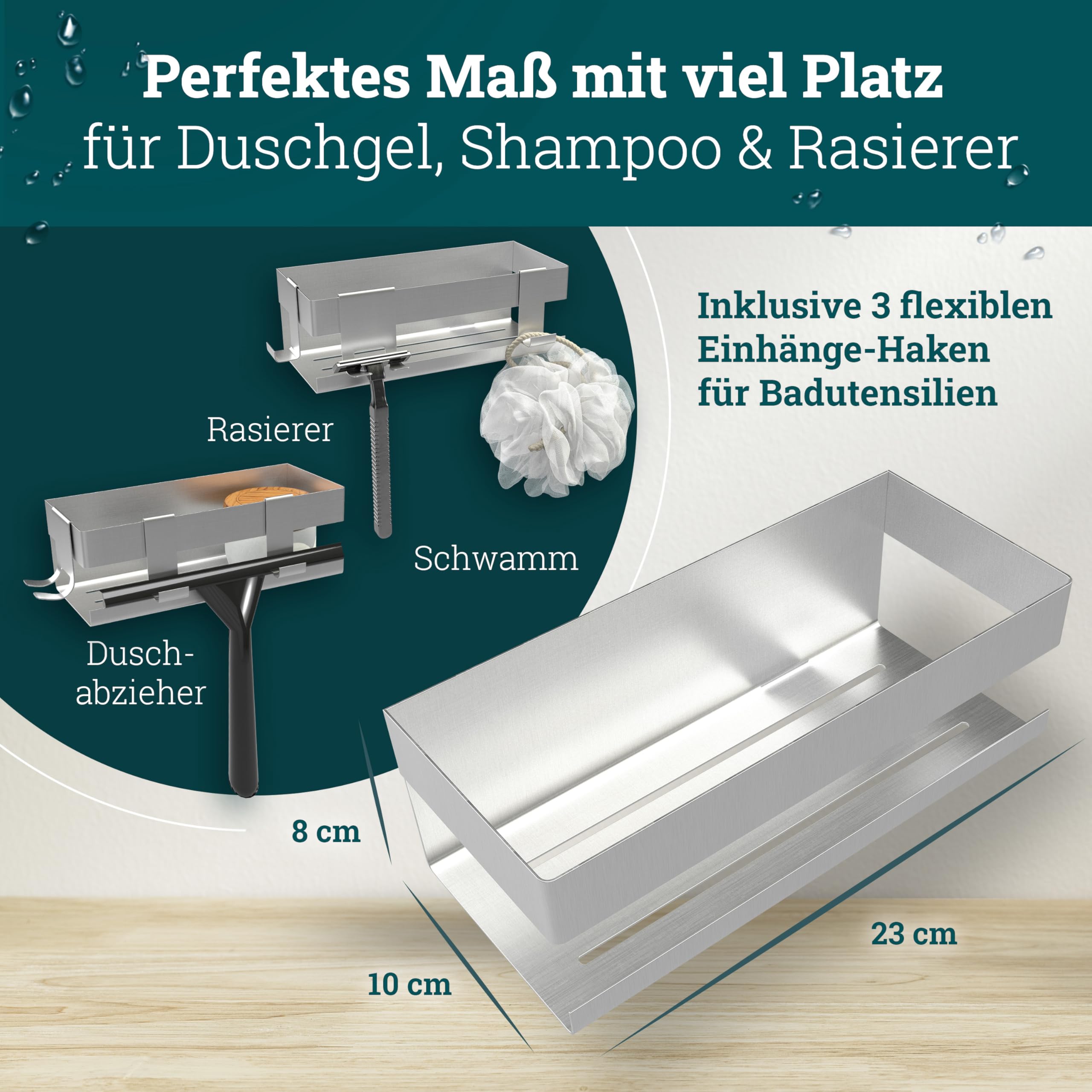 husman® Estante de ducha sin taladrar | acero inoxidable cepillado | con ranuras de drenaje y 3 ganchos | pegar en lugar de taladrar | cesta de ducha estantería de pared estantería de ducha estantería