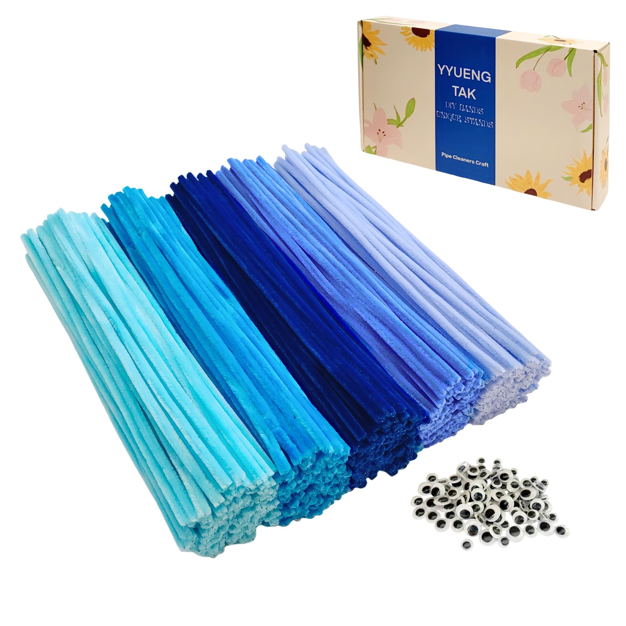 300 Piezas Limpiapipas Chenilla Azul con Ojos Móviles (5 Tonos Diferentes) | Blue Pipe Cleaner(30CM x 6mm) Para Manualidades: Hacer Flores, Animales,Decor Hogar y Actividades Creativas