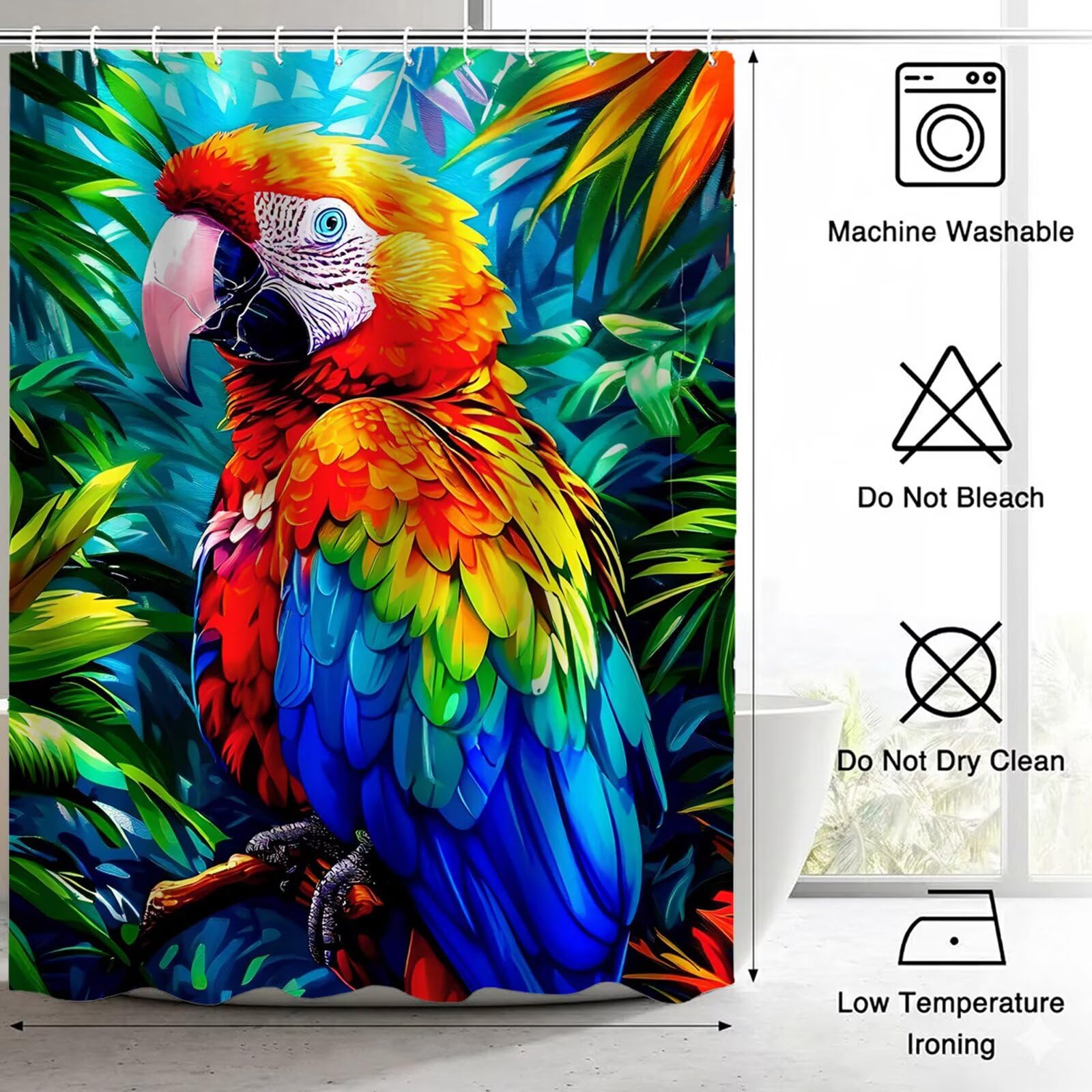Wasserdichter Duschvorhang Anti-Schimmel 240x200 cm, Waschbar Schnelltrocknend Textil Stoff Polyester Duschvorhang Papagei Shower Curtain mit Gewicht und 12 Ringe für Badewanne, Bunt J8-669