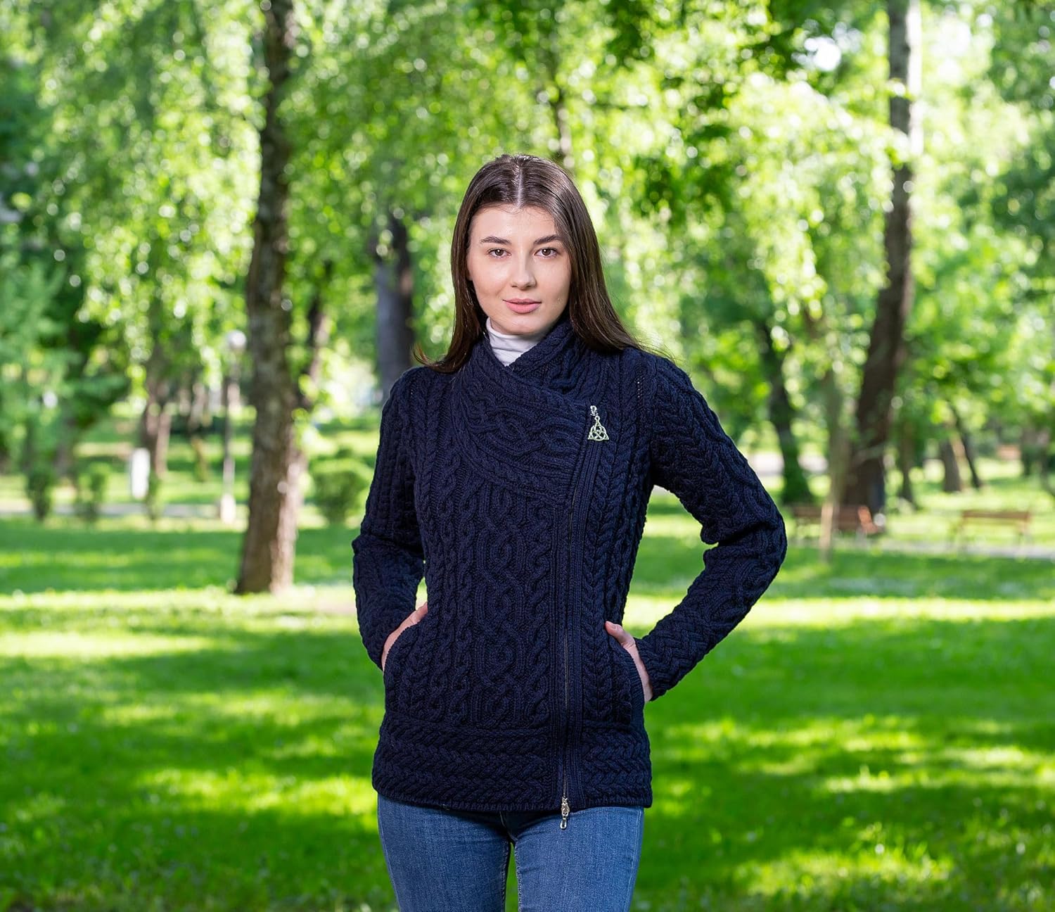 SAOL Irish Cardigan for Women Made of 100% Merino Wool Ireland Sweater Cable Knit Zip Jacket - Image 3