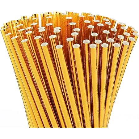 ALINK Gold Foil Paper Straws, Biodegradable Disposable Party Drinking Straws, Pack of 100