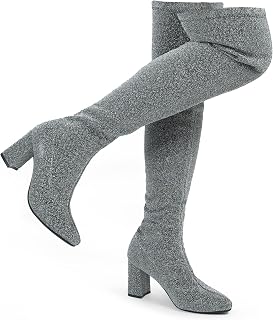 Hawkwell Women's Shiny Chunky Heel Thigh High Boots - Pointy Toe Over-the-Knee Boots for Party Wedding Dressy Outfits