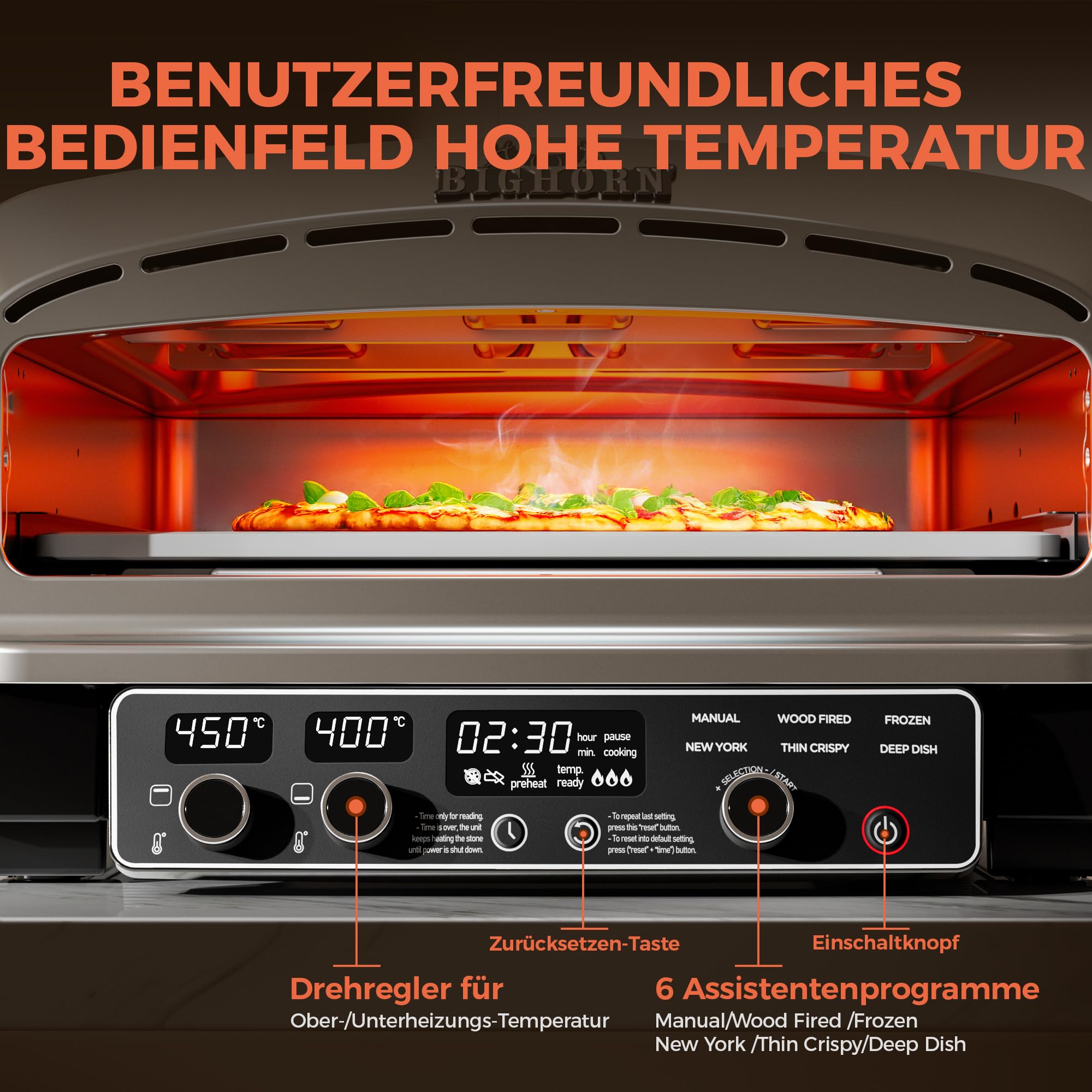 BIG HORN OUTDOORS Pizzaofen für den Innenbereich, 35 cm Elektro-Tischpizzaofen mit 6 voreingestellten Modi, perfekte Pizza-Backmaschine für zu Hause, Pizzaofen mit Pizzastein und Pizzaschaufel