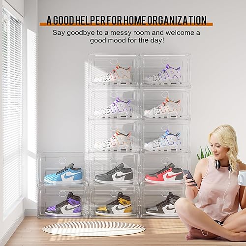 Miniatura 10 de KEFA Caja organizadora de zapatos XL, paquete de 8 cajas de zapatos de plástico transparente apilables, contenedor de exhibición de zapatos para
