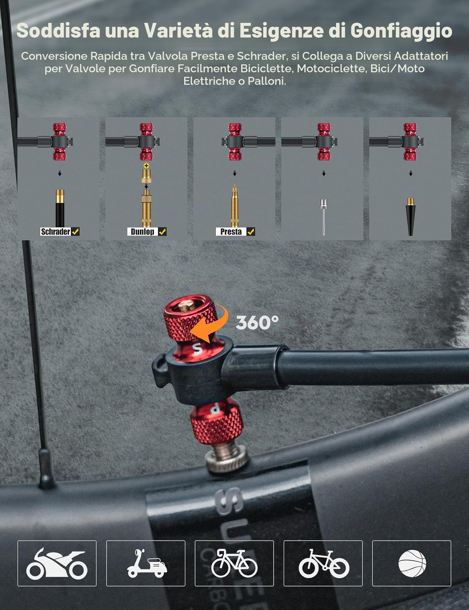 Tiakia Mini pompa da pavimento per bici con manometro 220psi Pompa per bici compatta ad alta pressione Pompa per pneumatici in alluminio Pompa ad aria portatile per bicicletta pompa ad aria per