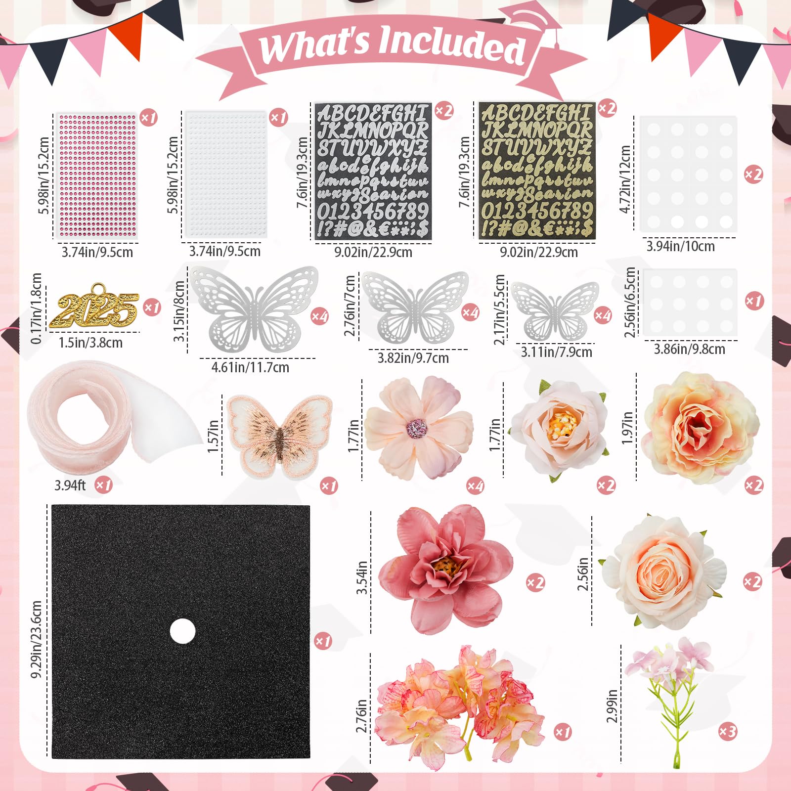 HCKLM Graduation Cap Decorations Kit - Assorted Flowers 3D Butterfly Stickers Glitter Rhinestones Alphabet Letter Number Stickers for DIY Grad Cap Topper 2025 Graduation Party Supplies (Pink)
